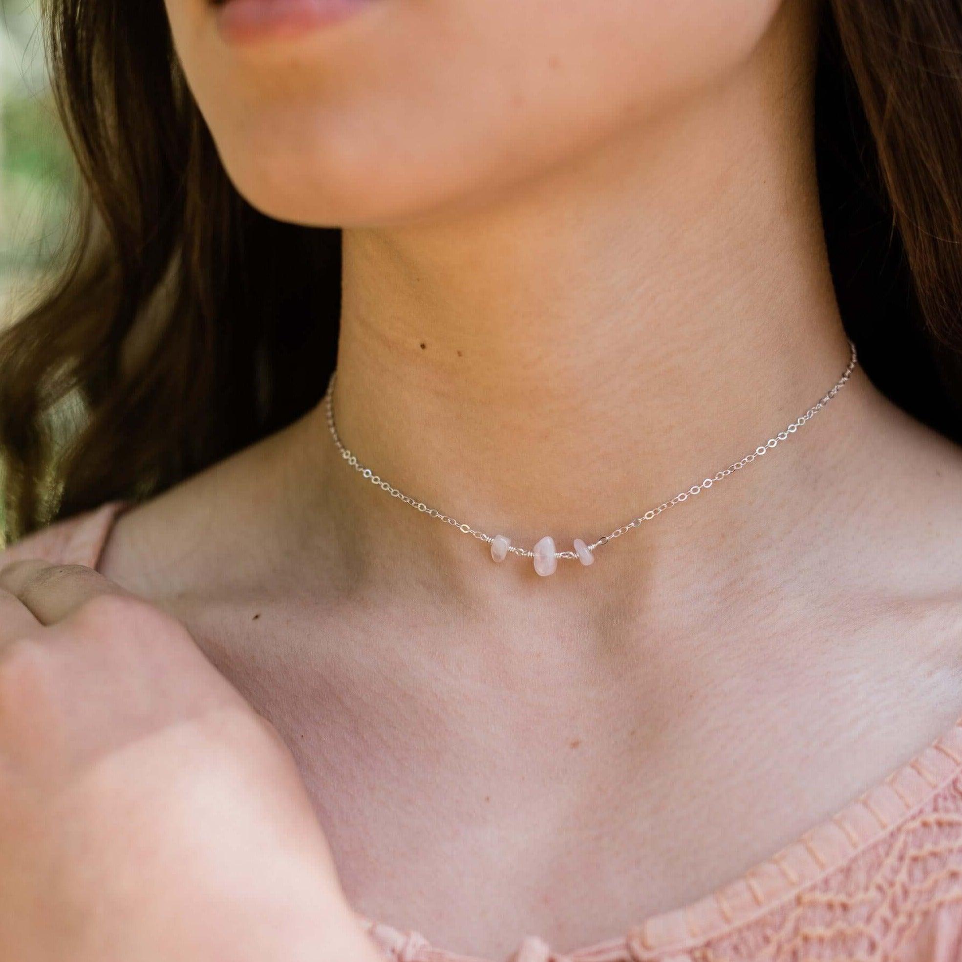 Rose Quartz Beaded Chain Choker Necklace - Rose Quartz Beaded Chain Choker Necklace - 14k Gold Fill - Luna Tide Handmade Crystal Jewellery
