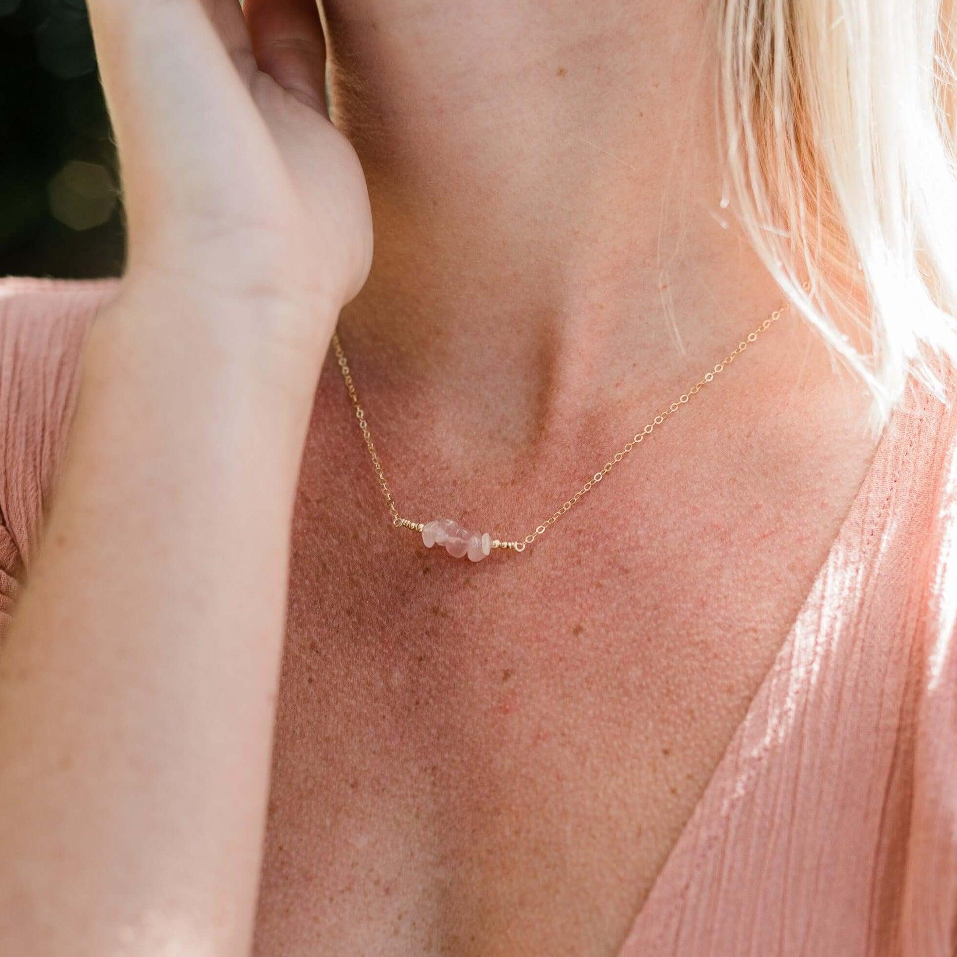 Rose Quartz Chip Bead Bar Necklace - Rose Quartz Chip Bead Bar Necklace - Sterling Silver - Luna Tide Handmade Crystal Jewellery