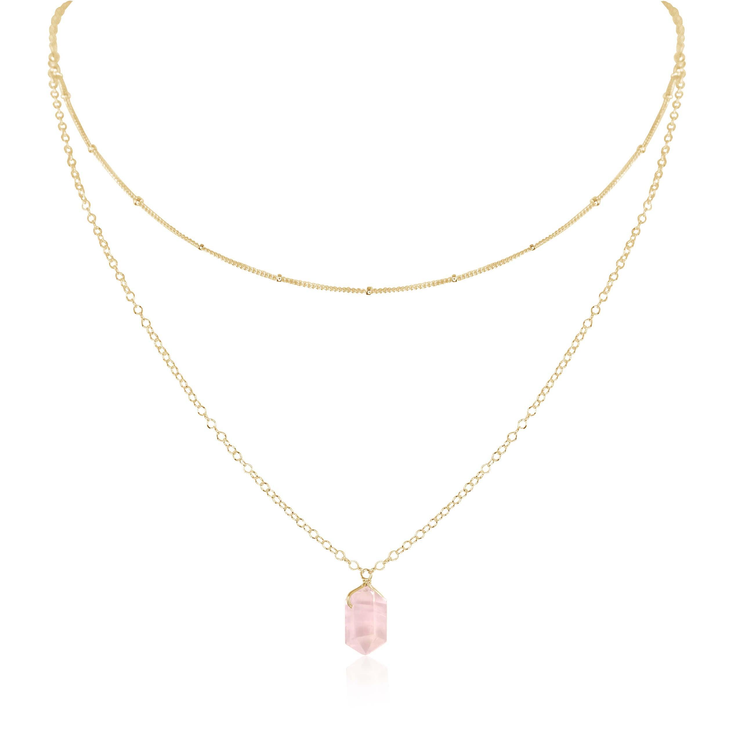 Rose Quartz Double Terminated Crystal Chain Layered Choker Necklace - Rose Quartz Double Terminated Crystal Chain Layered Choker Necklace - 14k Gold Fill - Luna Tide Handmade Crystal Jewellery