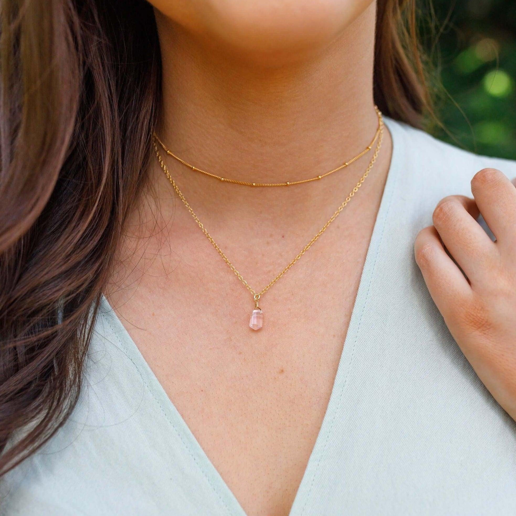 Rose Quartz Double Terminated Crystal Chain Layered Choker Necklace - Rose Quartz Double Terminated Crystal Chain Layered Choker Necklace - 14k Gold Fill - Luna Tide Handmade Crystal Jewellery
