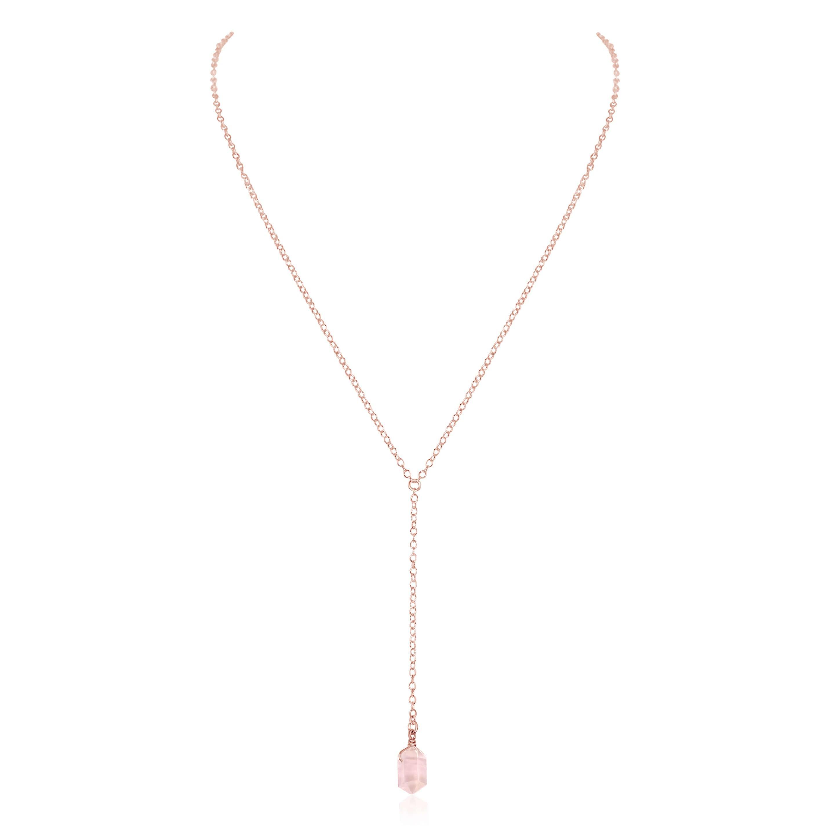 Rose Quartz Double Terminated Mini Crystal Point Lariat Necklace - Rose Quartz Double Terminated Mini Crystal Point Lariat Necklace - 14k Rose Gold Fill - Luna Tide Handmade Crystal Jewellery