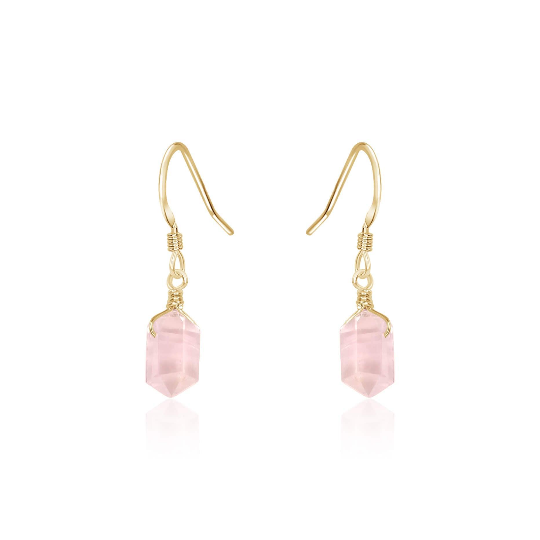 Rose Quartz Mini Double Terminated Crystal Point Dangle Drop Earrings - Rose Quartz Mini Double Terminated Crystal Point Dangle Drop Earrings - 14k Gold Fill - Luna Tide Handmade Crystal Jewellery