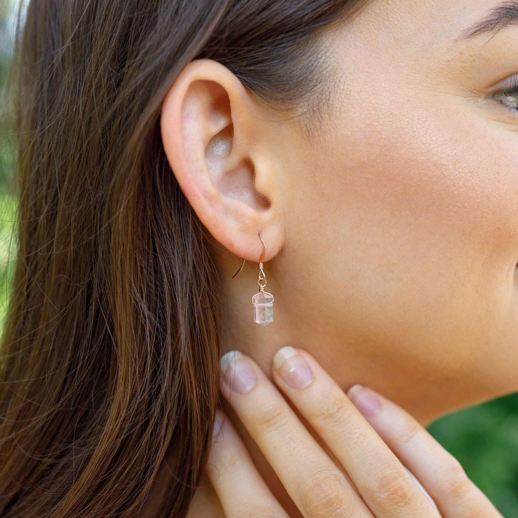 Rose Quartz Mini Double Terminated Crystal Point Dangle Drop Earrings - Rose Quartz Mini Double Terminated Crystal Point Dangle Drop Earrings - 14k Gold Fill - Luna Tide Handmade Crystal Jewellery