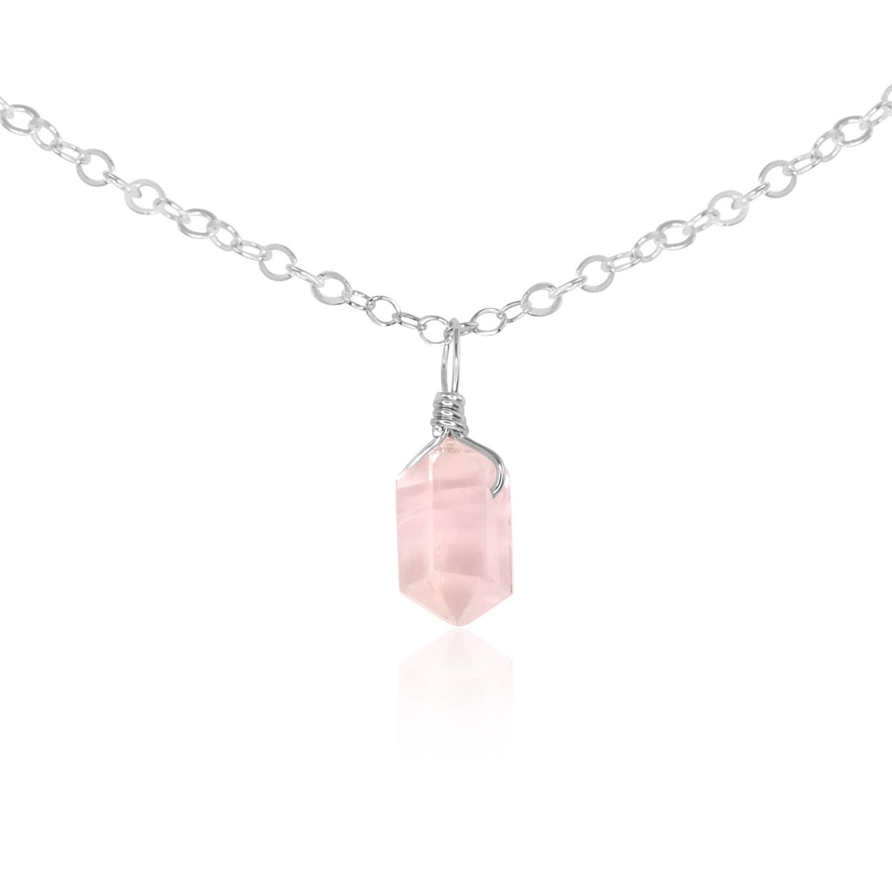 Rose Quartz Mini Double Terminated Crystal Point Pendant Choker Necklace - Rose Quartz Mini Double Terminated Crystal Point Pendant Choker Necklace - Sterling Silver / Cable - Luna Tide Handmade Crystal Jewellery