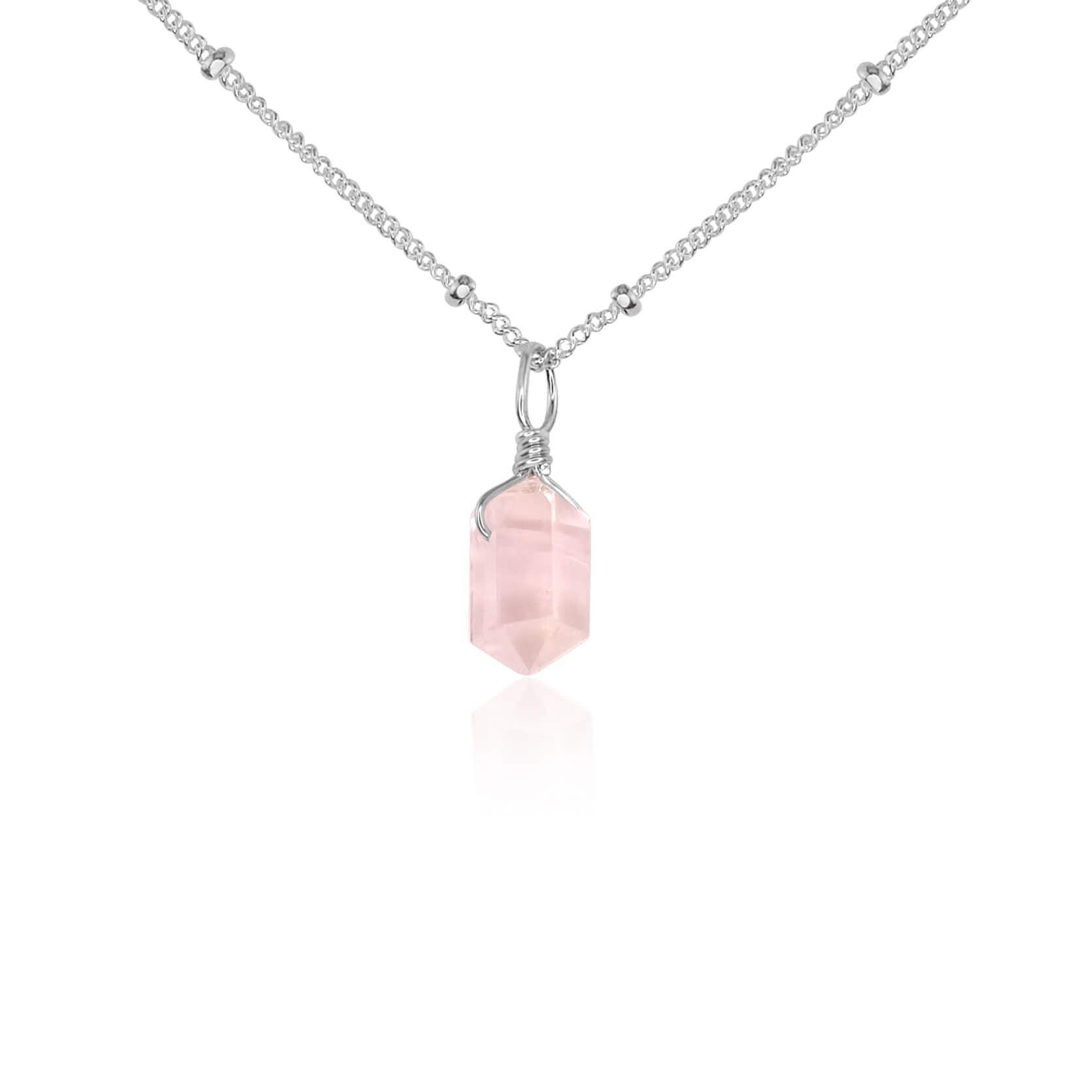 Rose Quartz Mini Double Terminated Crystal Point Pendant Necklace - Rose Quartz Mini Double Terminated Crystal Point Pendant Necklace - Sterling Silver / Satellite - Luna Tide Handmade Crystal Jewellery