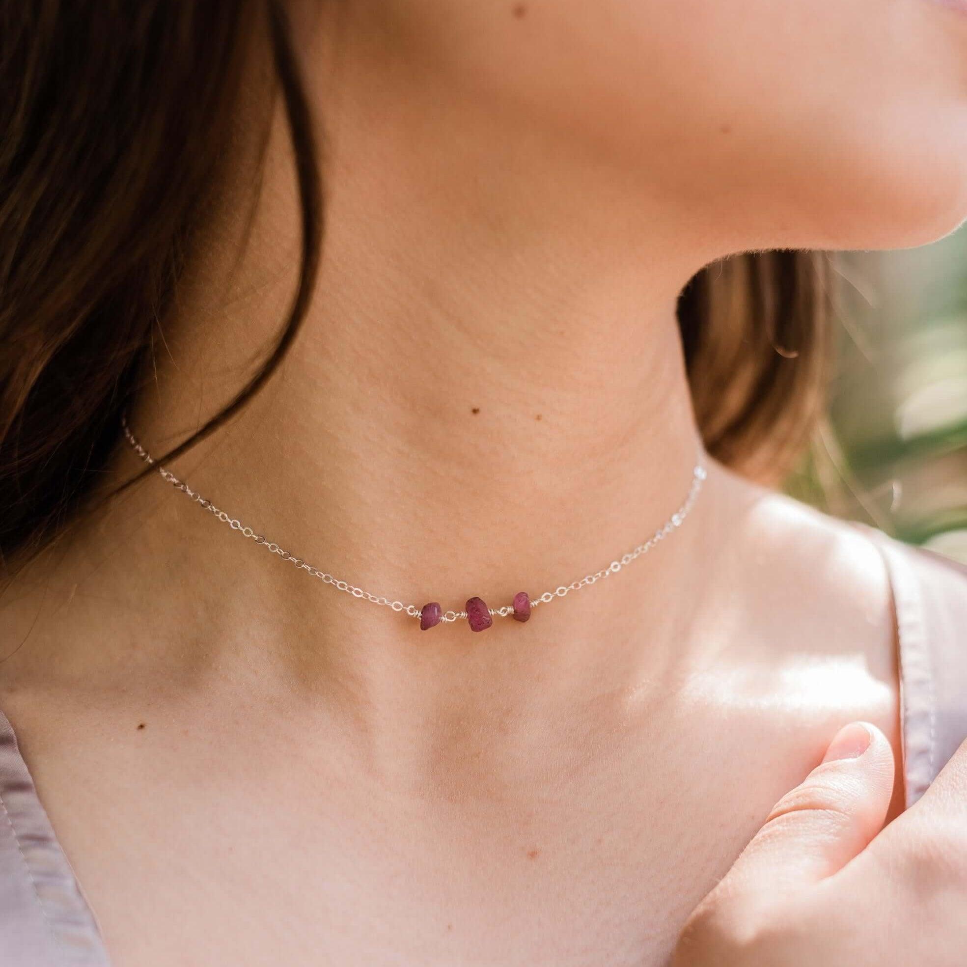 Ruby Beaded Chain Choker Necklace - Ruby Beaded Chain Choker Necklace - Sterling Silver - Luna Tide Handmade Crystal Jewellery