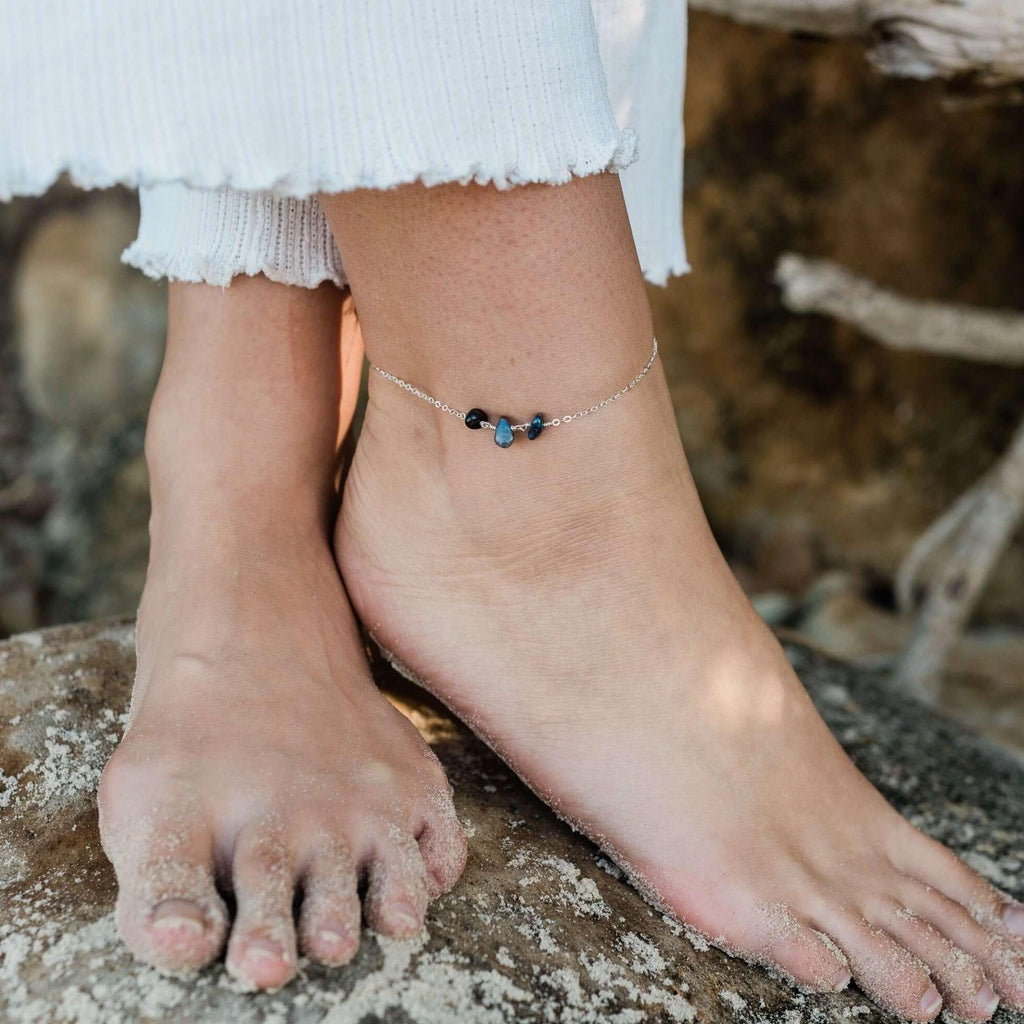 Sapphire Beaded Chain Anklet - Sapphire Beaded Chain Anklet - Sterling Silver - Luna Tide Handmade Crystal Jewellery