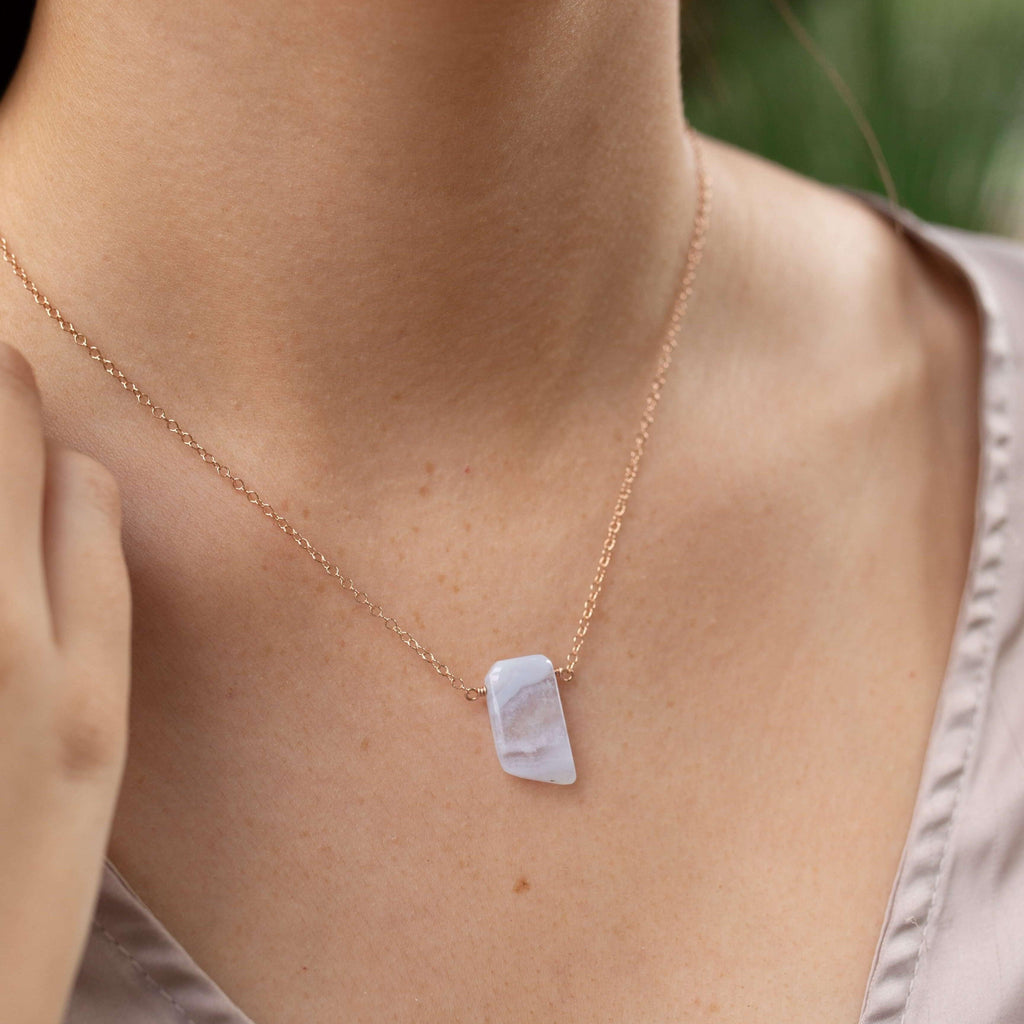 Small Smooth Blue Lace Agate Slab Necklace - Small Smooth Blue Lace Agate Slab Necklace - Sterling Silver - Luna Tide Handmade Crystal Jewellery