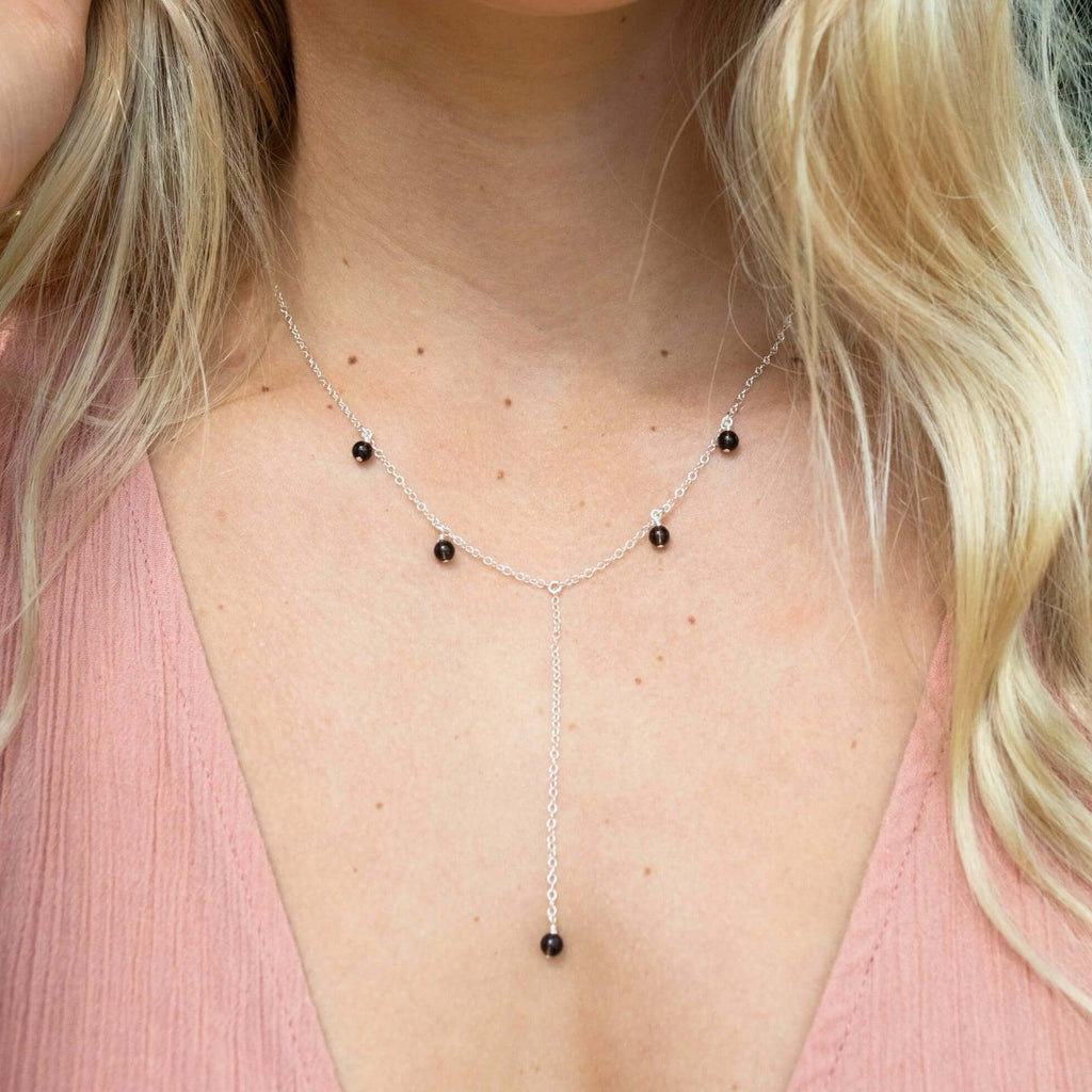 Smoky Quartz Boho Lariat Necklace - Smoky Quartz Boho Lariat Necklace - Sterling Silver - Luna Tide Handmade Crystal Jewellery