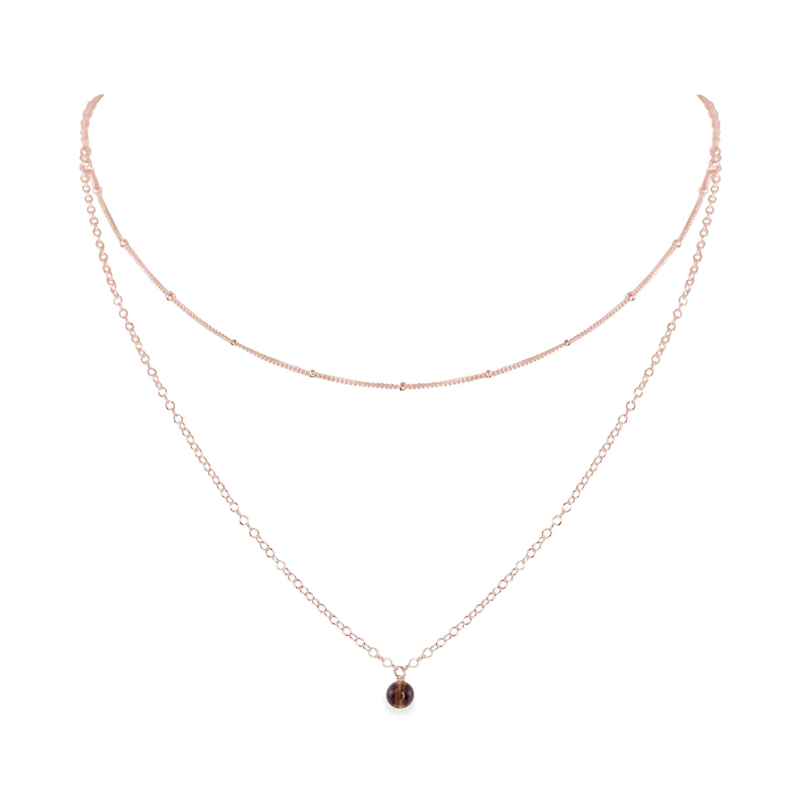 Smoky Quartz Gemstone Chain Layered Choker Necklace - Smoky Quartz Gemstone Chain Layered Choker Necklace - 14k Rose Gold Fill - Luna Tide Handmade Crystal Jewellery