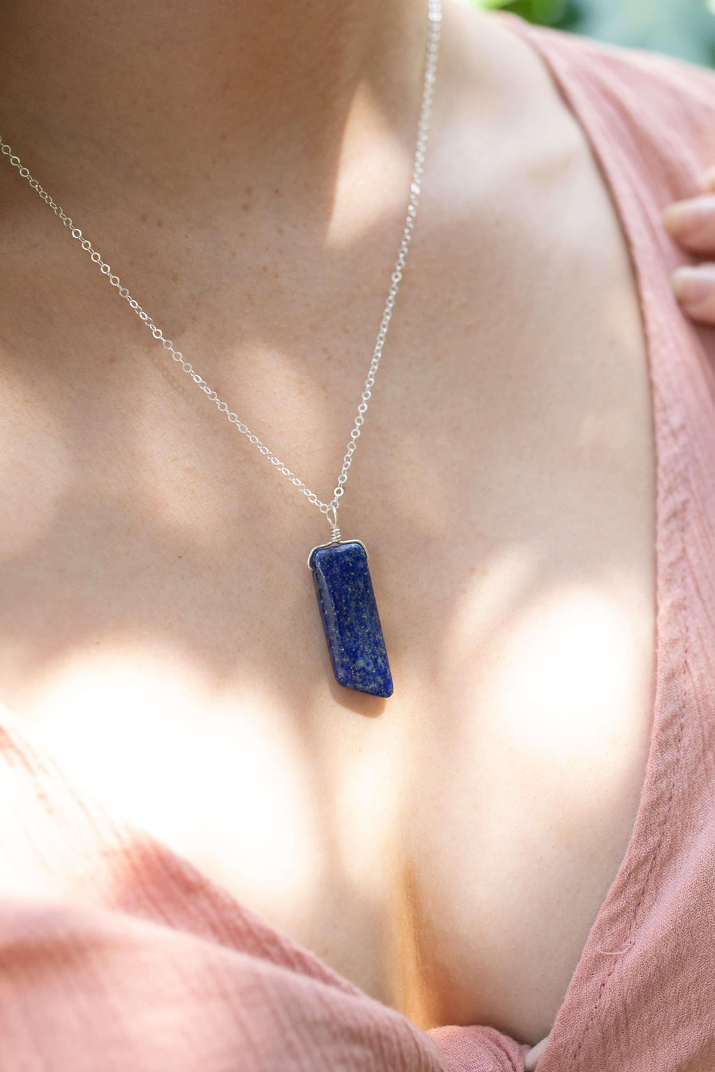 Smooth Blue Lapis Lazuli Natural Point Crystal Necklace - Smooth Blue Lapis Lazuli Natural Point Crystal Necklace - Sterling Silver / Cable - Luna Tide Handmade Crystal Jewellery