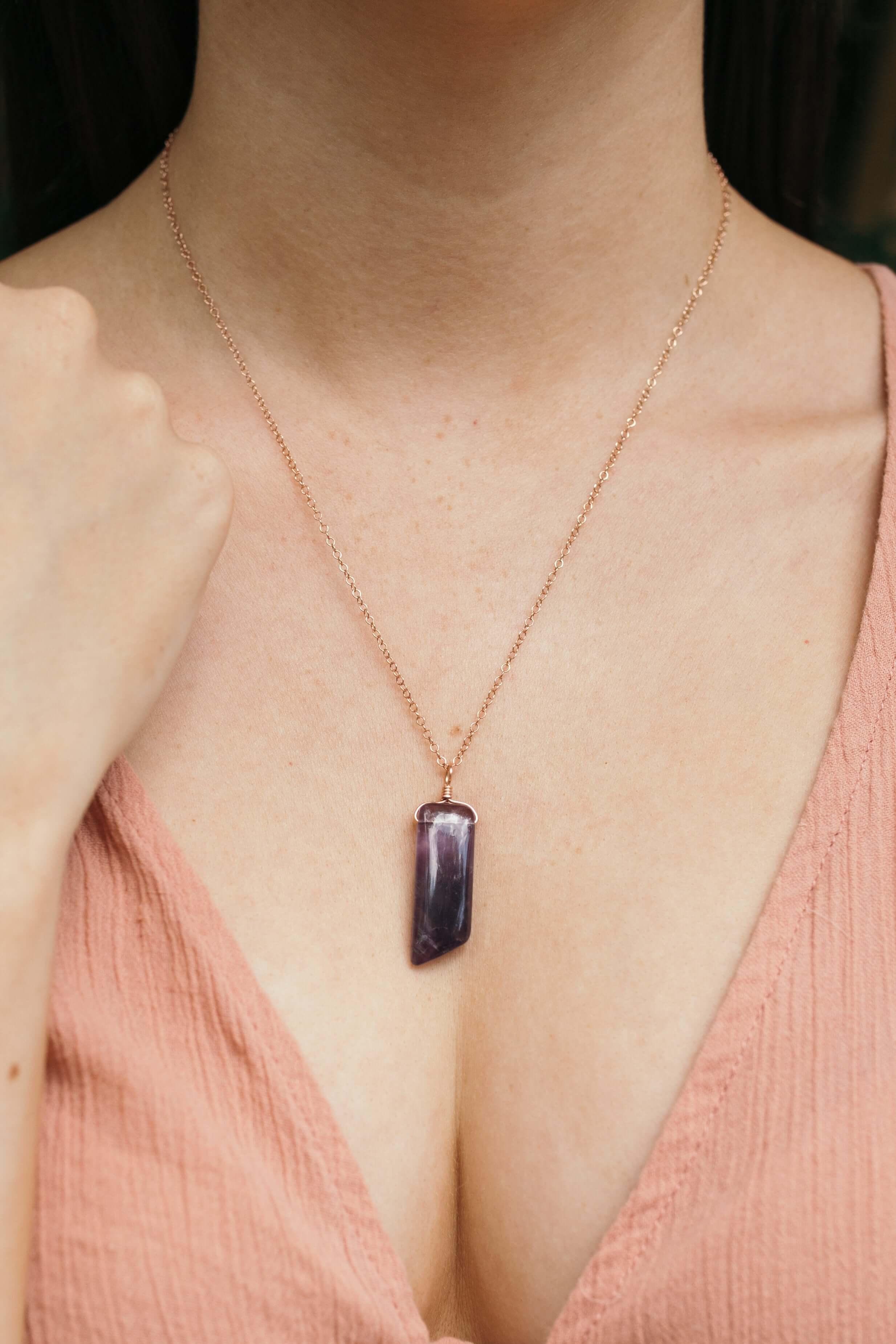 Smooth Purple Amethyst Natural Point Crystal Necklace - Smooth Purple Amethyst Natural Point Crystal Necklace - Sterling Silver / Cable - Luna Tide Handmade Crystal Jewellery