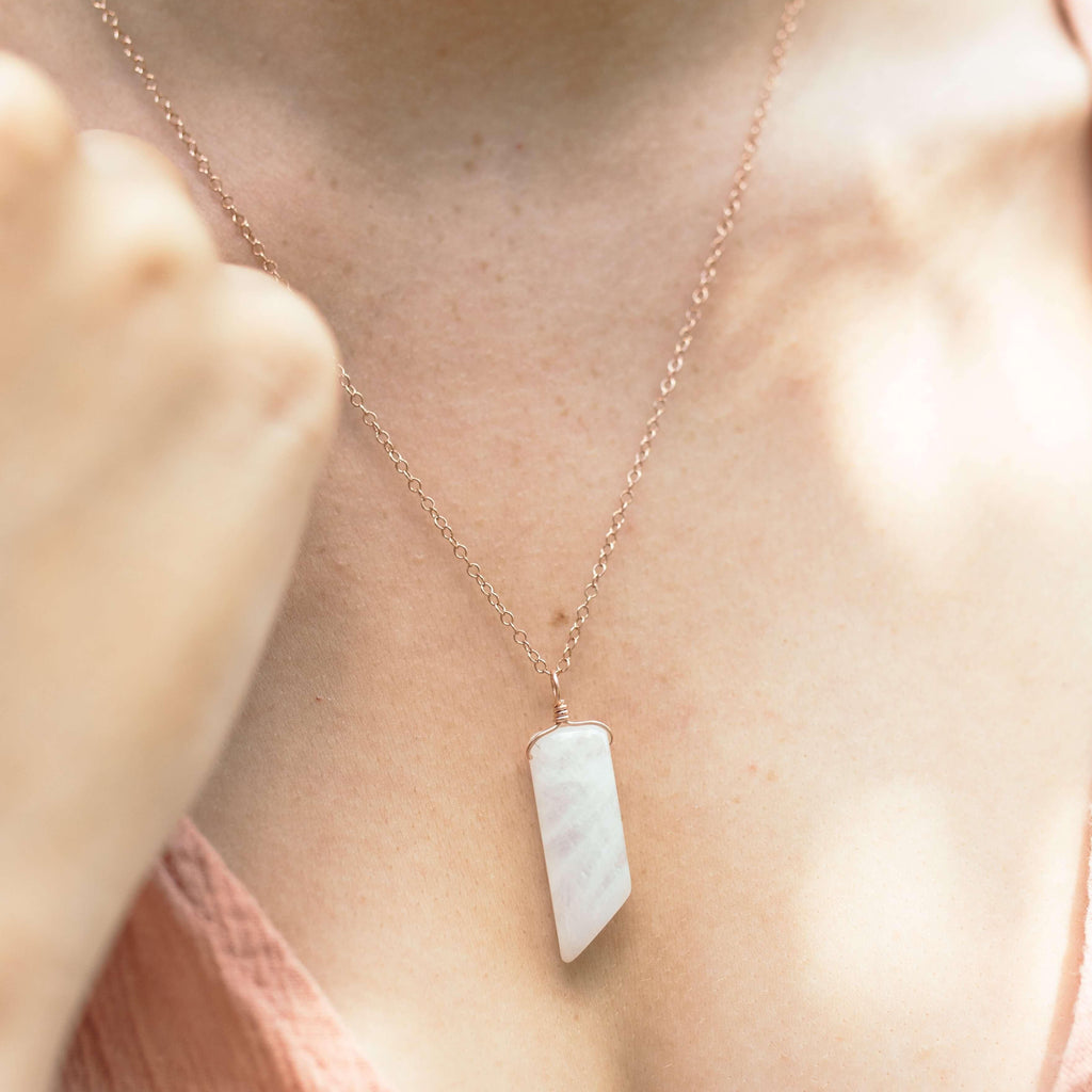 Smooth Rainbow Moonstone Natural Point Crystal Necklace - Smooth Rainbow Moonstone Natural Point Crystal Necklace - 14k Rose Gold Fill / Cable - Luna Tide Handmade Crystal Jewellery