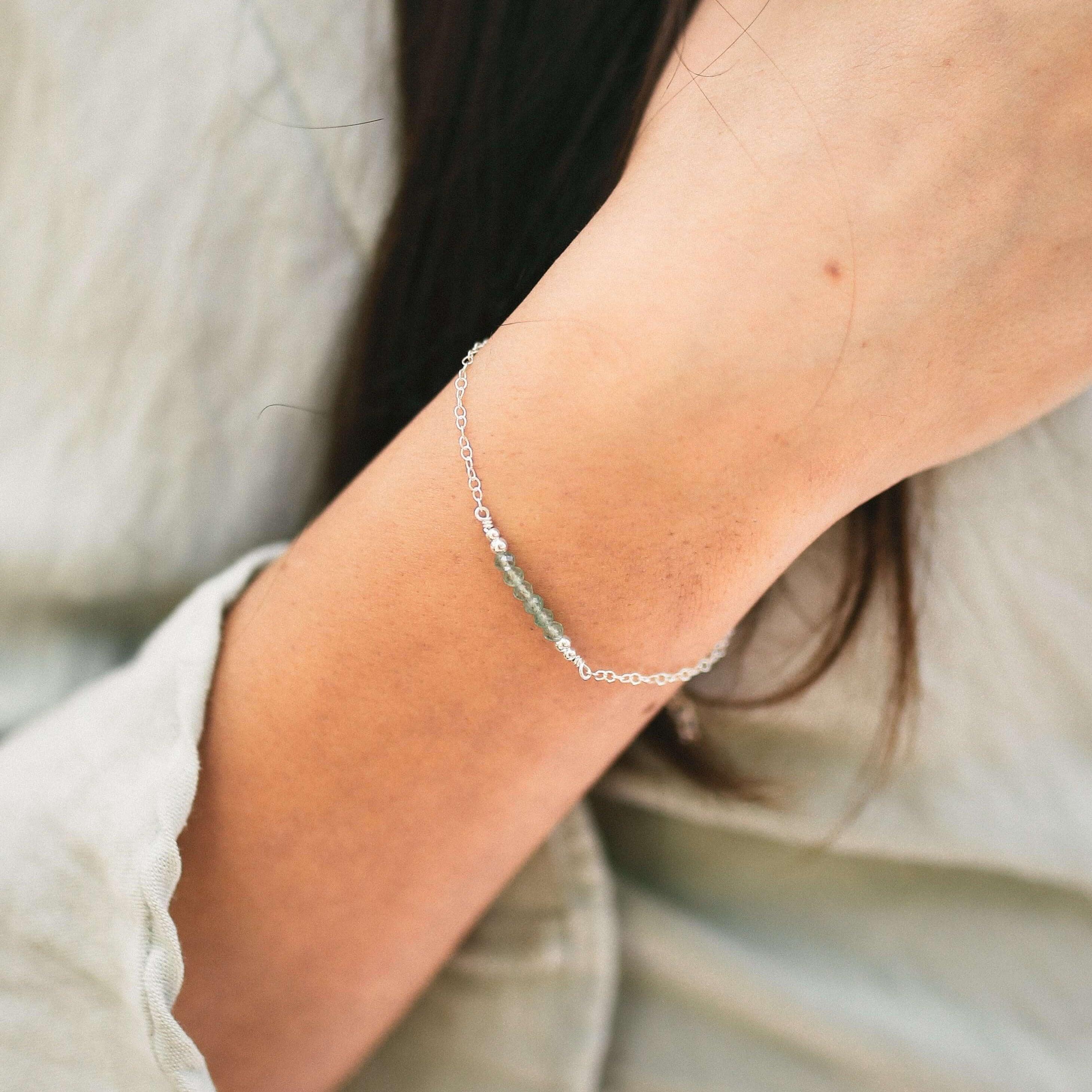 Sparkling Green Aventurine Gemstone Faceted Bead Bar Bracelet - Sparkling Green Aventurine Gemstone Faceted Bead Bar Bracelet - Sterling Silver - Luna Tide Handmade Crystal Jewellery