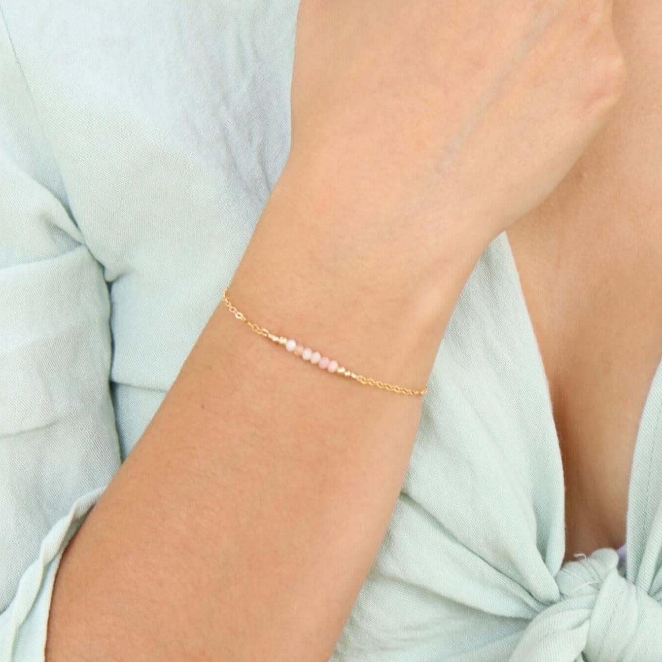 Sparkling Pink Peruvian Opal Gemstone Faceted Bead Bar Bracelet - Sparkling Pink Peruvian Opal Gemstone Faceted Bead Bar Bracelet - 14k Rose Gold Fill - Luna Tide Handmade Crystal Jewellery