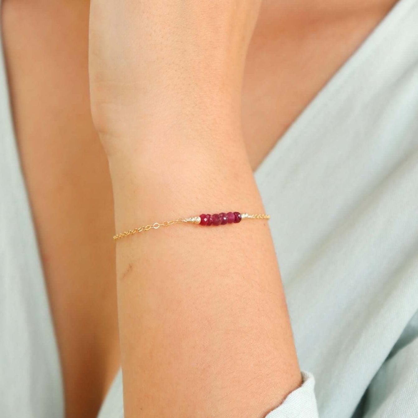 Sparkling Red Ruby Gemstone Faceted Bead Bar Bracelet - Sparkling Red Ruby Gemstone Faceted Bead Bar Bracelet - Sterling Silver - Luna Tide Handmade Crystal Jewellery