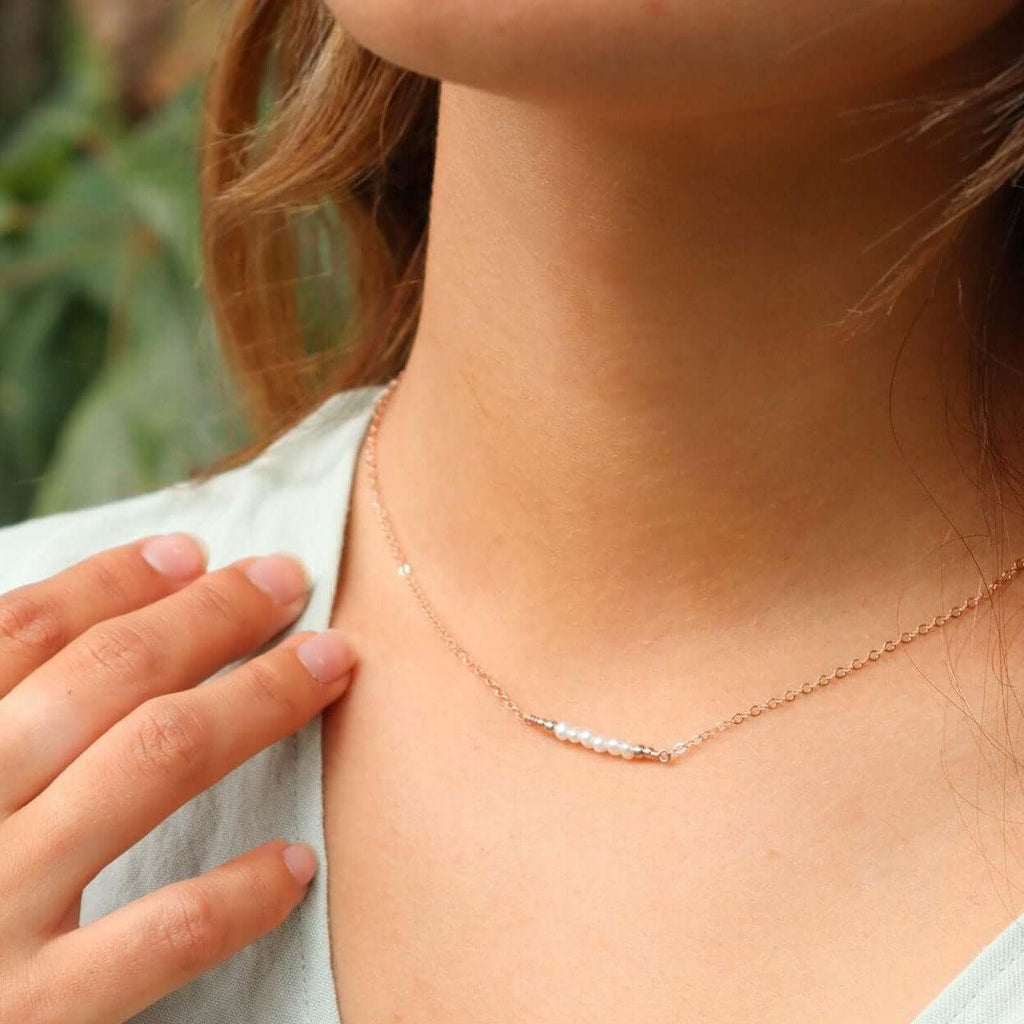 Sparkling White Freshwater Pearl Tiny Bead Bar Necklace - Sparkling White Freshwater Pearl Tiny Bead Bar Necklace - 14k Gold Fill - Luna Tide Handmade Crystal Jewellery