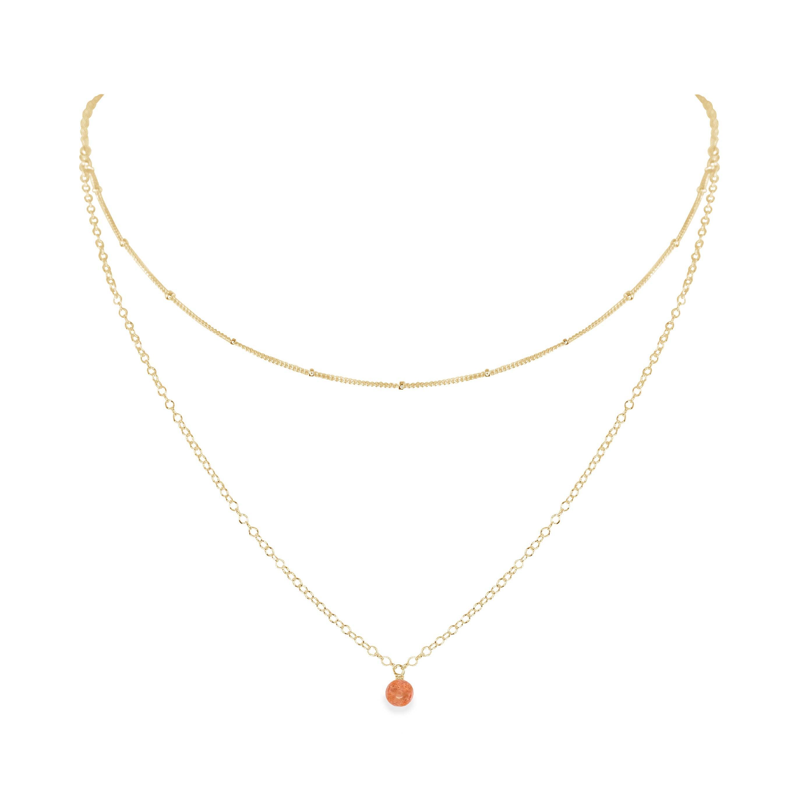 Sunstone Gemstone Chain Layered Choker Necklace - Sunstone Gemstone Chain Layered Choker Necklace - 14k Gold Fill - Luna Tide Handmade Crystal Jewellery