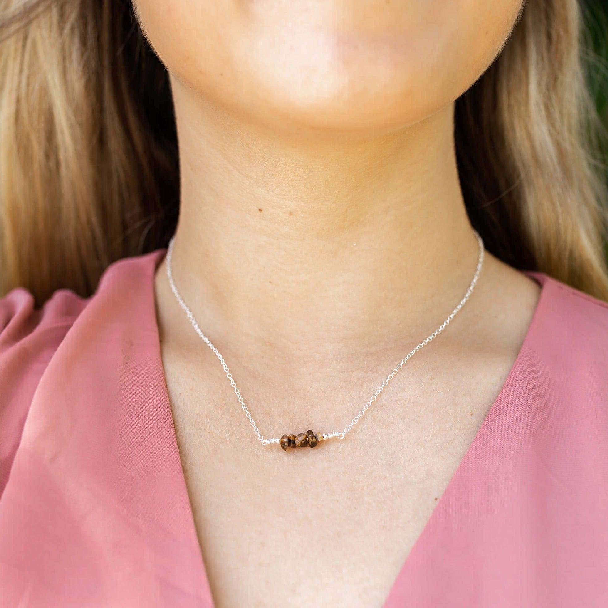 Tigers Eye Chip Bead Bar Necklace - Tigers Eye Chip Bead Bar Necklace - 14k Gold Fill - Luna Tide Handmade Crystal Jewellery