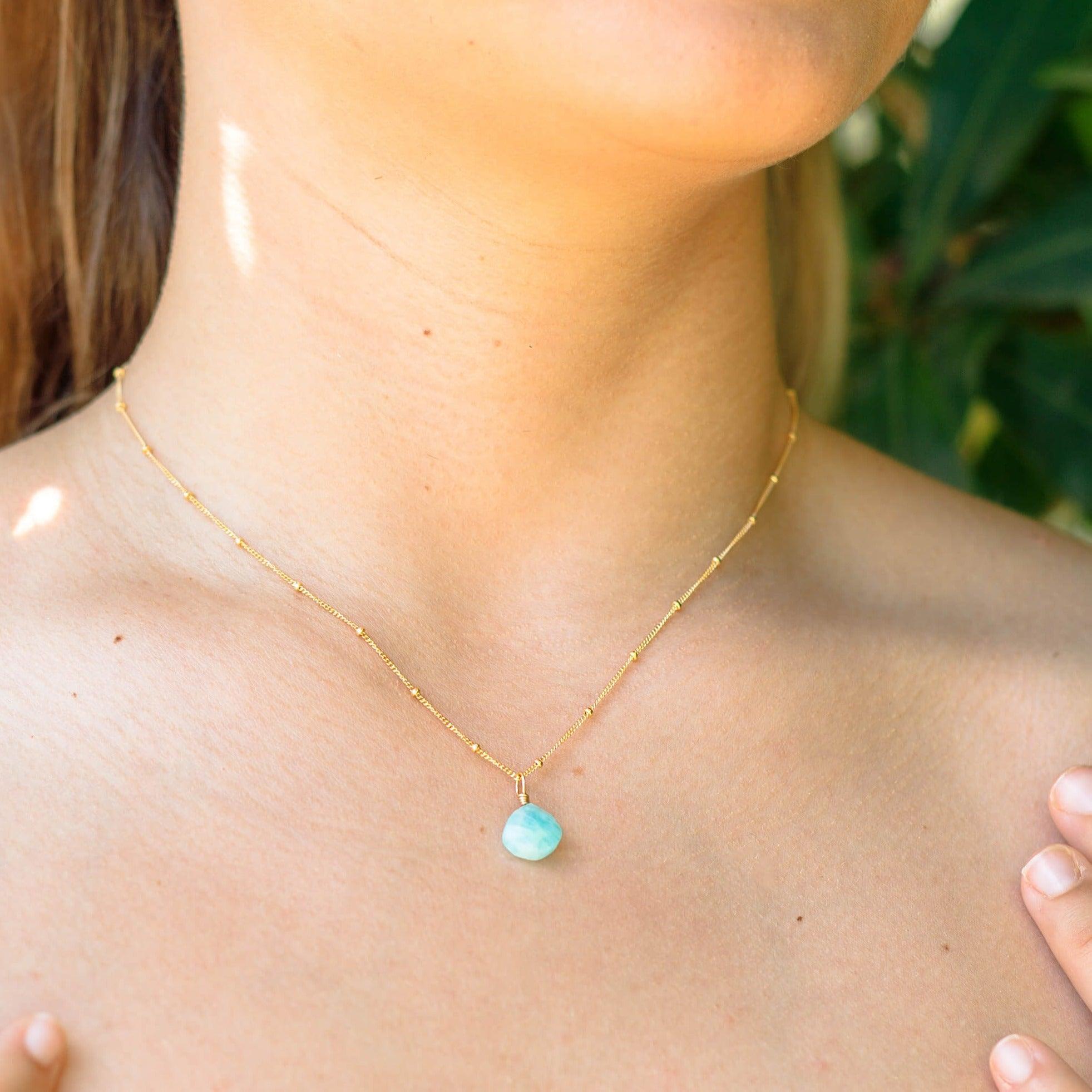 Tiny Amazonite Teardrop Necklace - Tiny Amazonite Teardrop Necklace - 14k Gold Fill / Cable - Luna Tide Handmade Crystal Jewellery