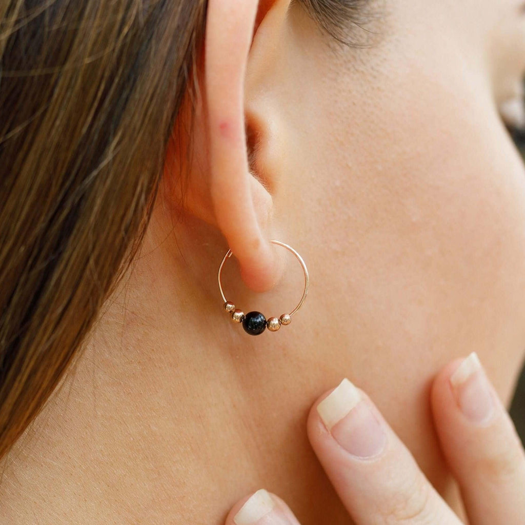 Tiny Black Onyx Bead Hoop Earrings - Tiny Black Onyx Bead Hoop Earrings - Sterling Silver - Luna Tide Handmade Crystal Jewellery