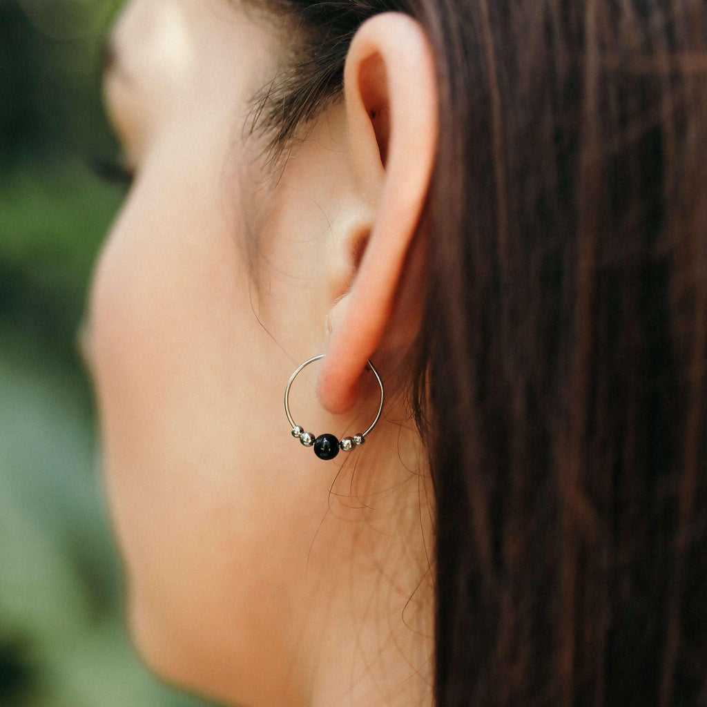 Tiny Black Tourmaline Bead Hoop Earrings - Tiny Black Tourmaline Bead Hoop Earrings - 14k Gold Fill - Luna Tide Handmade Crystal Jewellery