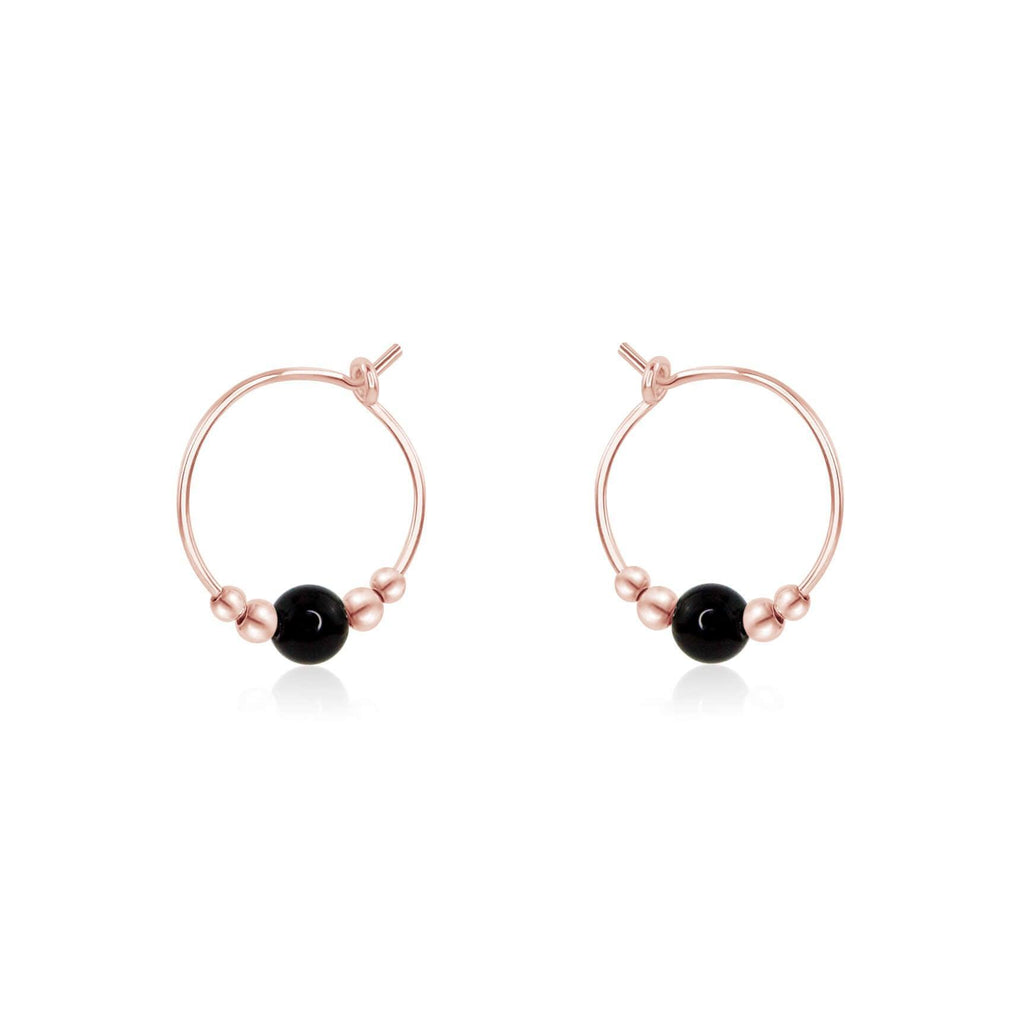 Tiny Black Tourmaline Bead Hoop Earrings - Tiny Black Tourmaline Bead Hoop Earrings - 14k Rose Gold Fill - Luna Tide Handmade Crystal Jewellery