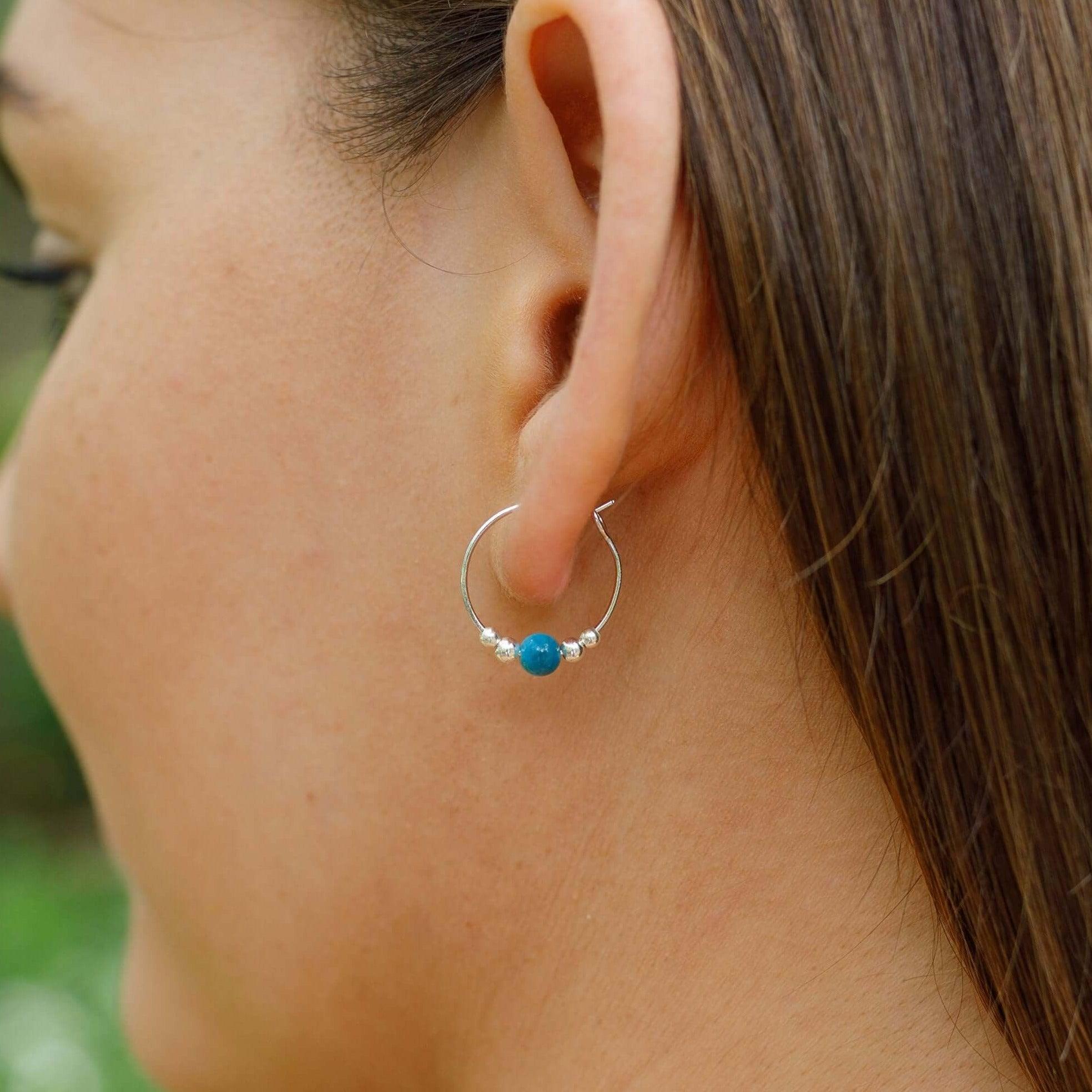 Tiny Blue Apatite Bead Hoop Earrings - Tiny Blue Apatite Bead Hoop Earrings - Sterling Silver - Luna Tide Handmade Crystal Jewellery