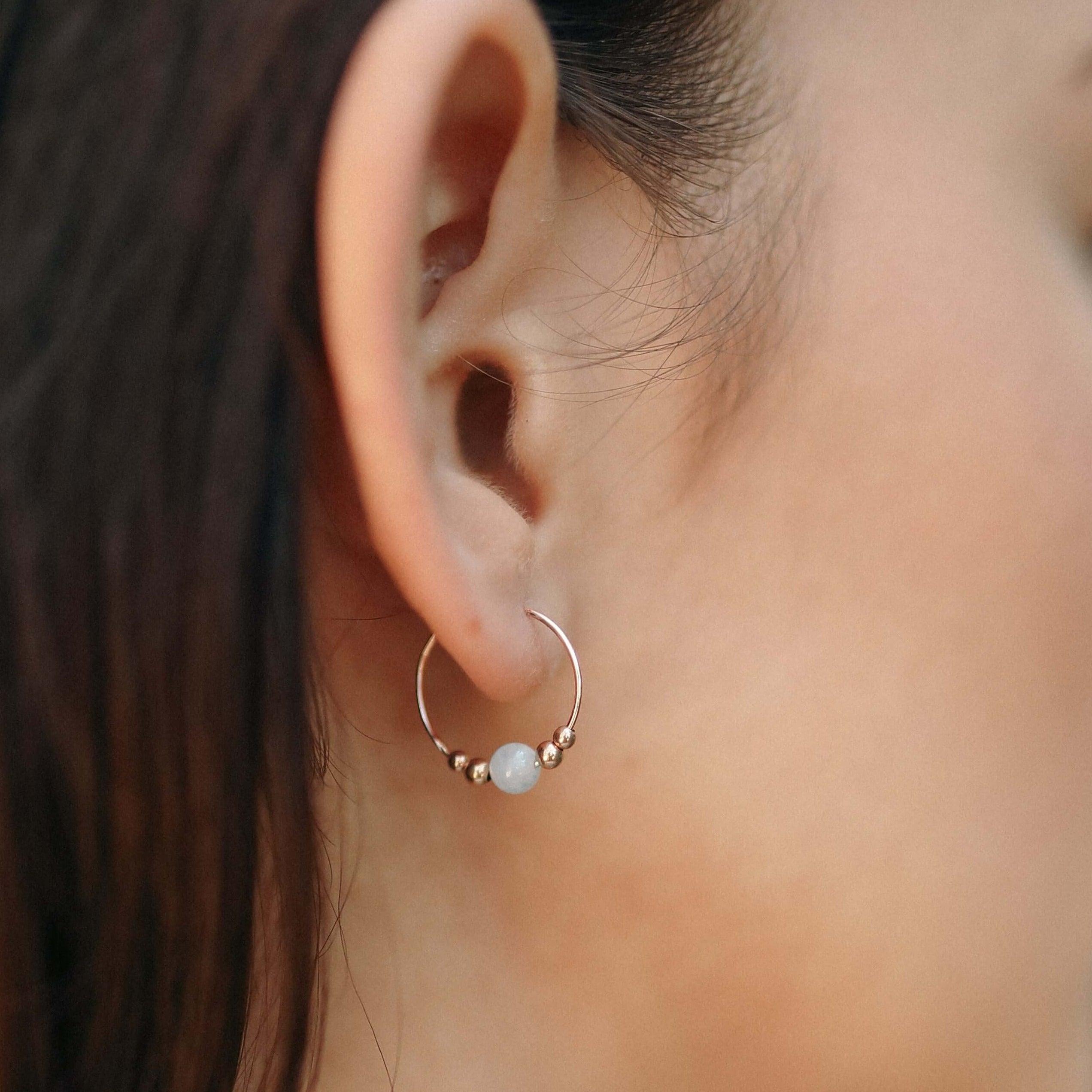 Tiny Blue Aquamarine Bead Hoop Earrings - Tiny Blue Aquamarine Bead Hoop Earrings - 14k Gold Fill - Luna Tide Handmade Crystal Jewellery