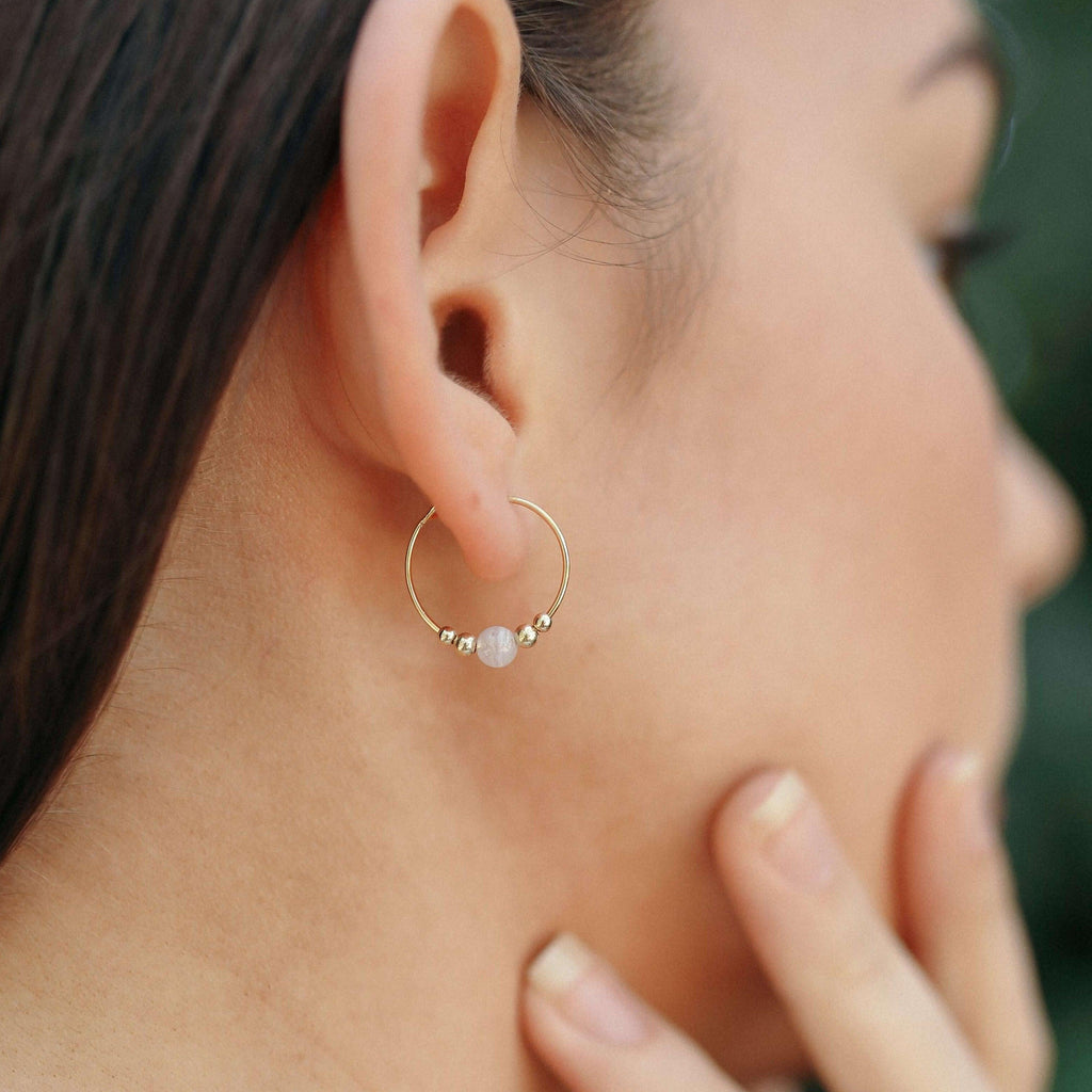 Tiny Blue Lace Agate Bead Hoop Earrings - Tiny Blue Lace Agate Bead Hoop Earrings - 14k Gold Fill - Luna Tide Handmade Crystal Jewellery