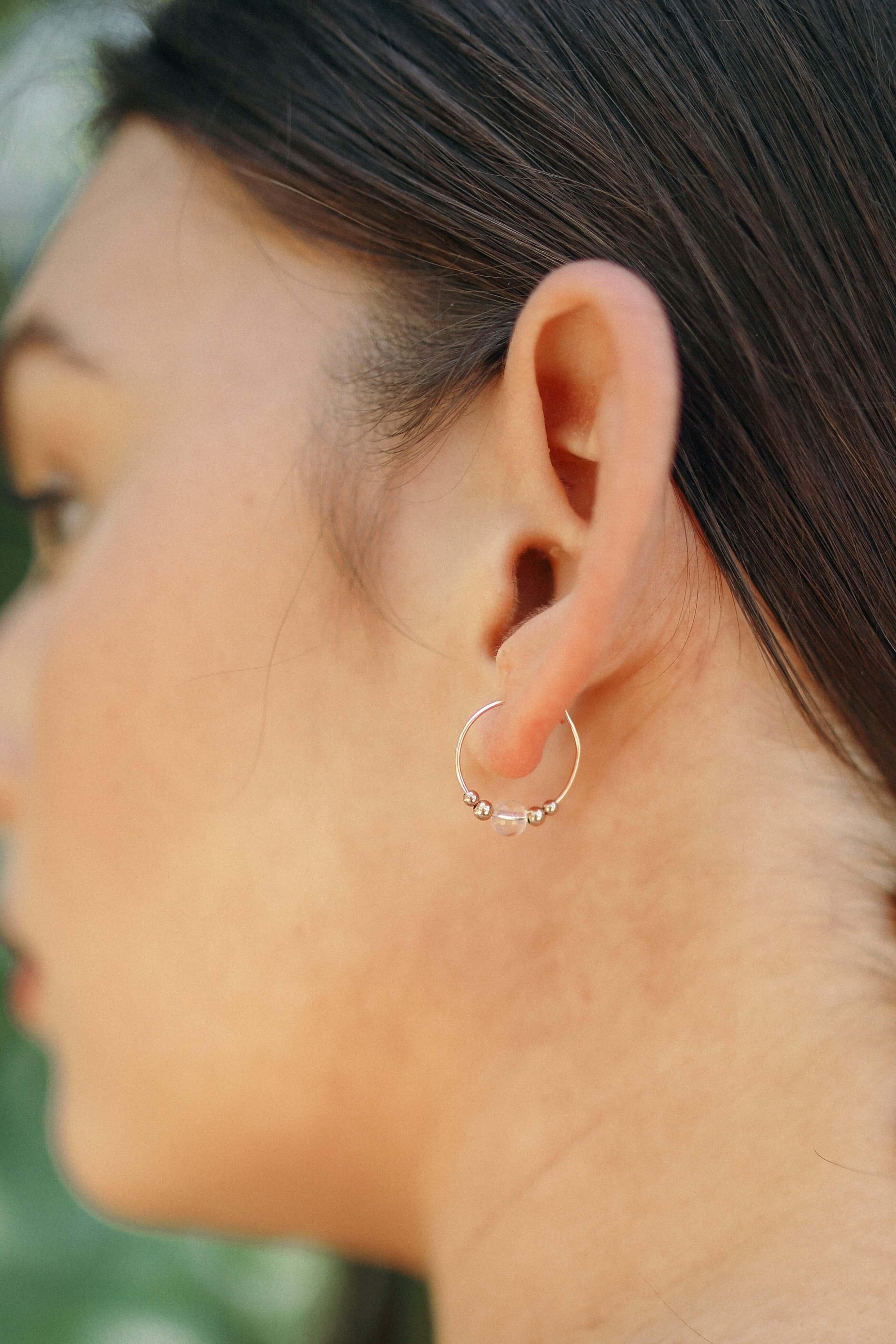 Tiny Crystal Quartz Bead Hoop Earrings - Tiny Crystal Quartz Bead Hoop Earrings - 14k Gold Fill - Luna Tide Handmade Crystal Jewellery