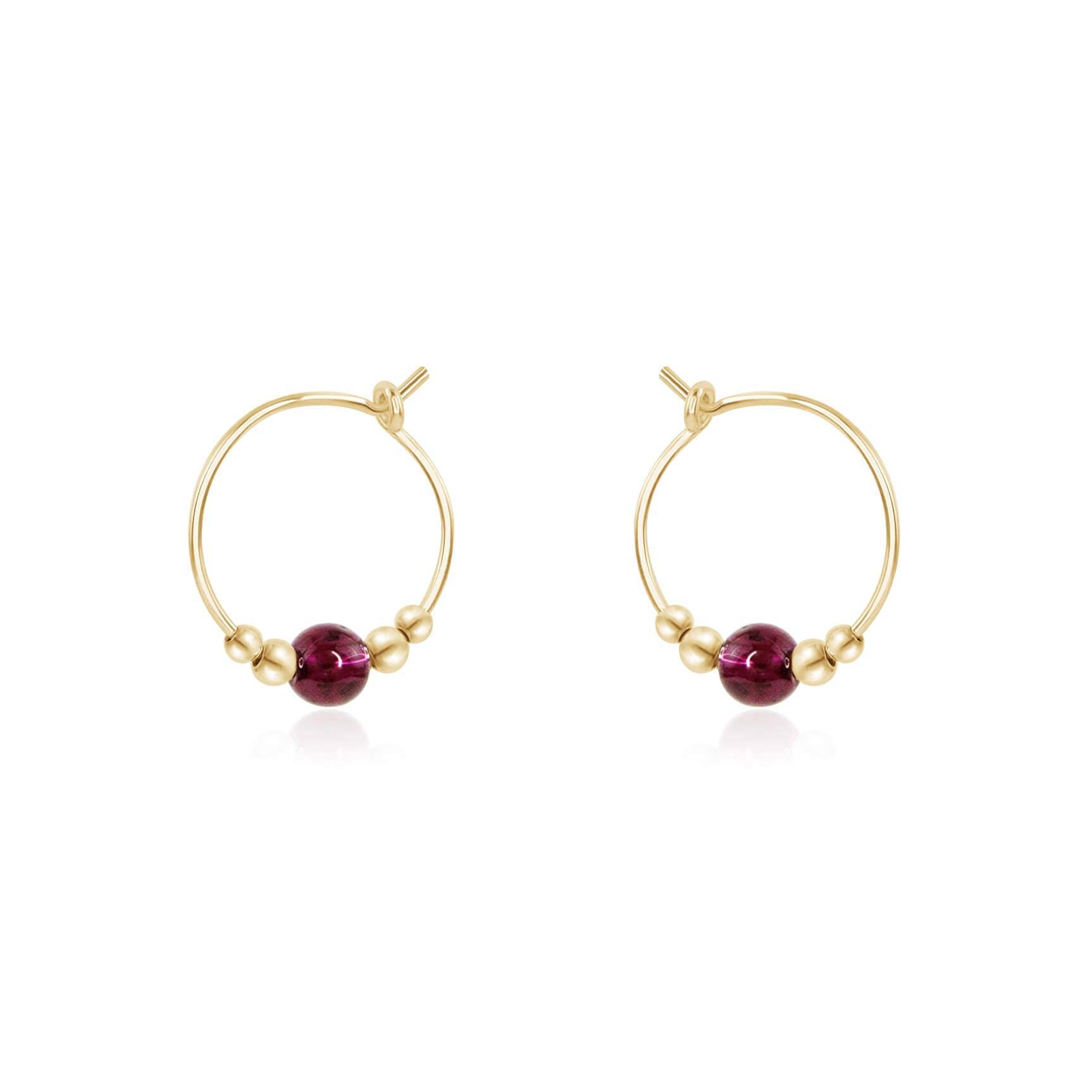 Tiny Garnet Bead Hoop Earrings - Tiny Garnet Bead Hoop Earrings - 14k Gold Fill - Luna Tide Handmade Crystal Jewellery