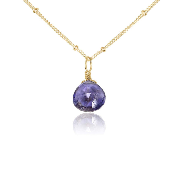 Tiny Iolite Teardrop Necklace - Tiny Iolite Teardrop Necklace - 14k Gold Fill / Satellite - Luna Tide Handmade Crystal Jewellery