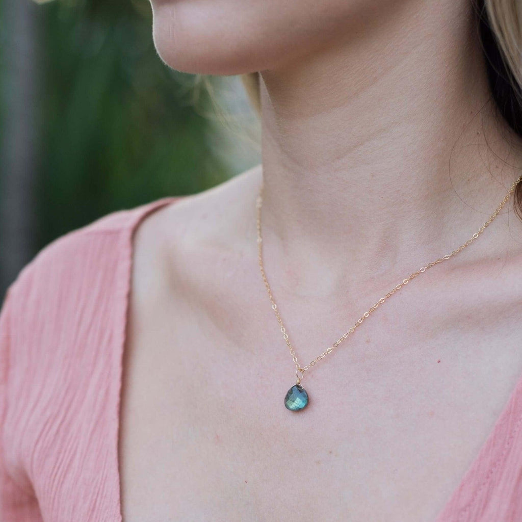 Tiny Labradorite Teardrop Crystal Necklace - Tiny Labradorite Teardrop Crystal Necklace - 14k Gold Fill / Cable - Luna Tide Handmade Crystal Jewellery