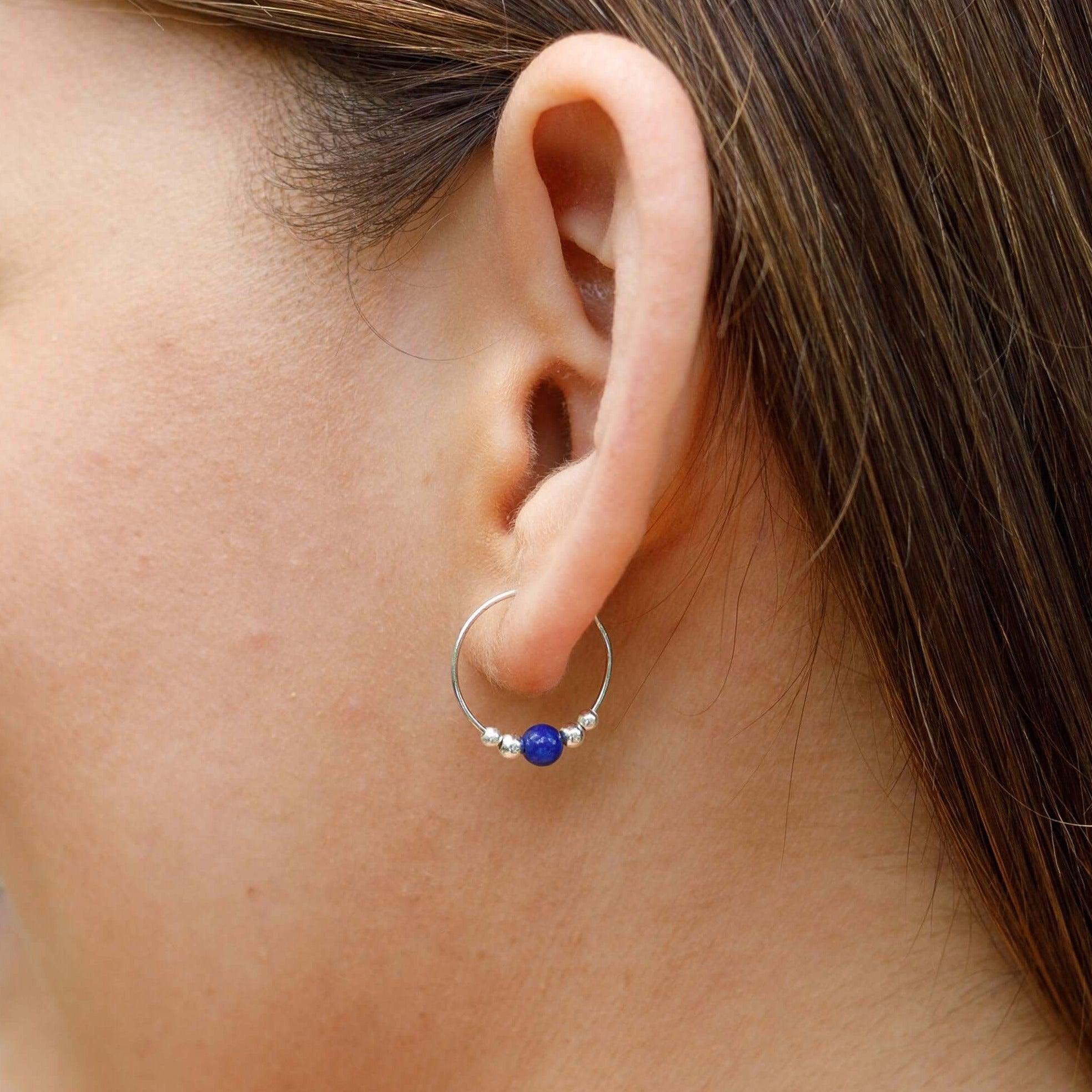 Tiny Lapis Lazuli Gemstone Bead Hoop Earrings - Tiny Lapis Lazuli Gemstone Bead Hoop Earrings - Sterling Silver - Luna Tide Handmade Crystal Jewellery