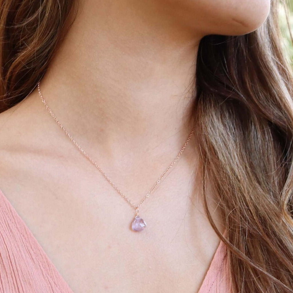 Tiny Pink Amethyst Teardrop Crystal Necklace - Tiny Pink Amethyst Teardrop Crystal Necklace - Sterling Silver / Cable - Luna Tide Handmade Crystal Jewellery