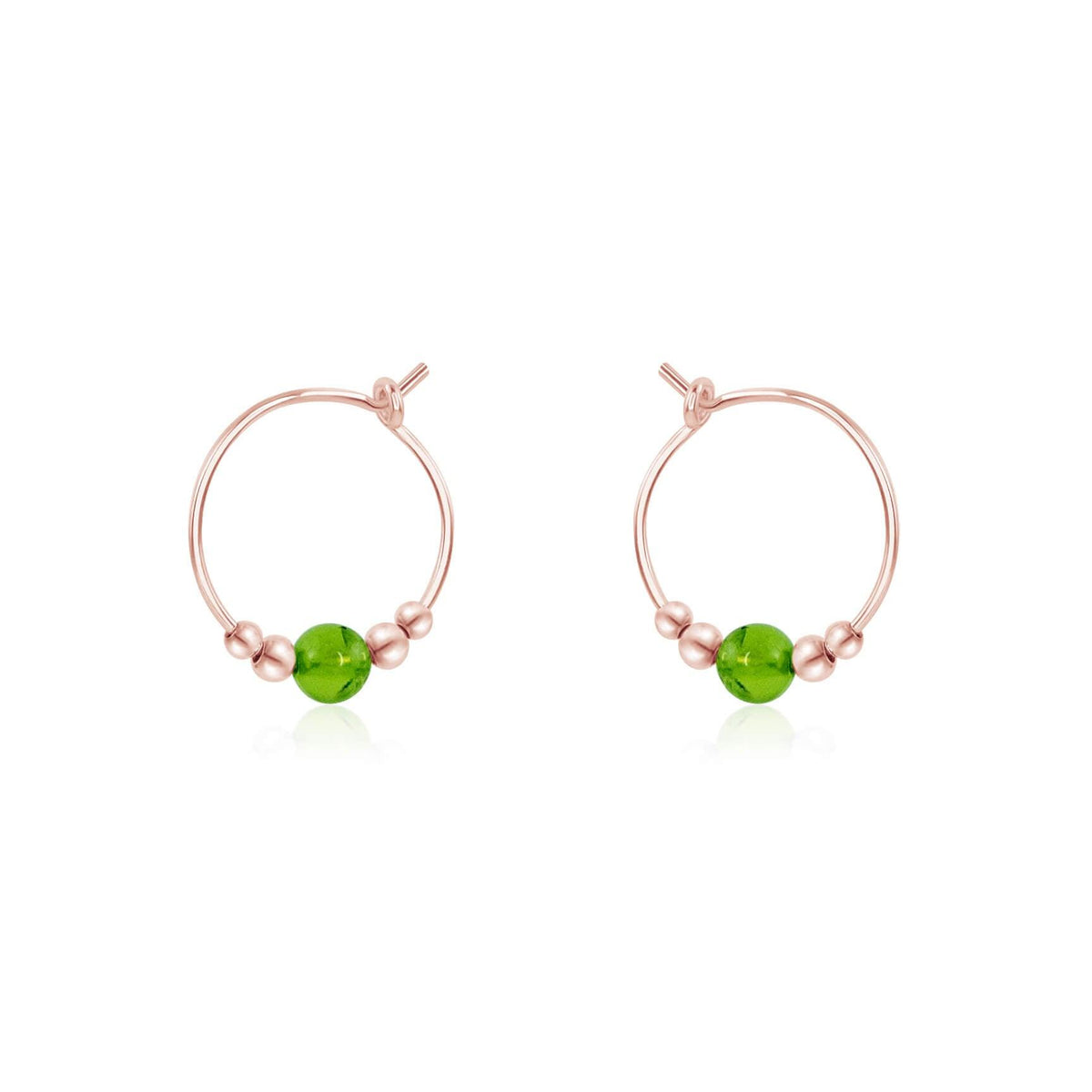 Tiny Peridot Gemstone Bead Hoop Earrings - Tiny Peridot Gemstone Bead Hoop Earrings - 14k Rose Gold Fill - Luna Tide Handmade Crystal Jewellery