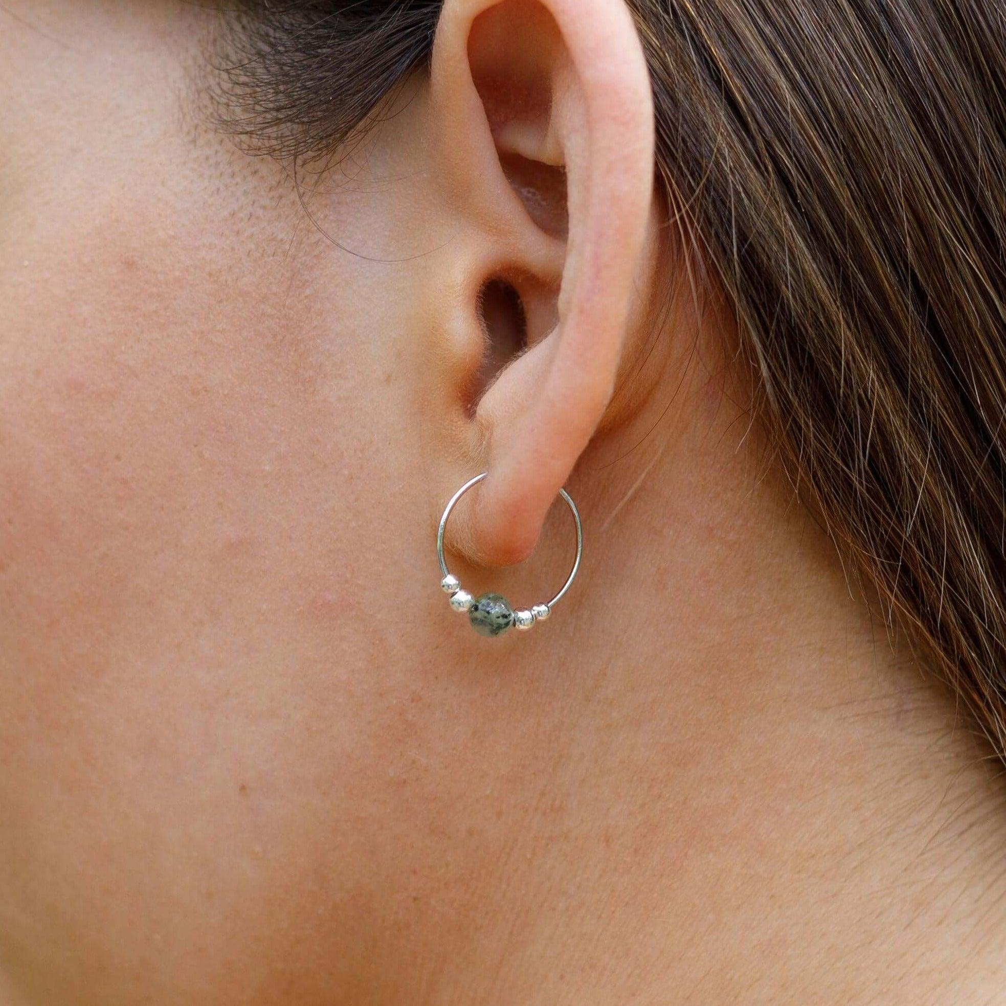Tiny Prehnite Gemstone Bead Hoop Earrings - Tiny Prehnite Gemstone Bead Hoop Earrings - 14k Gold Fill - Luna Tide Handmade Crystal Jewellery