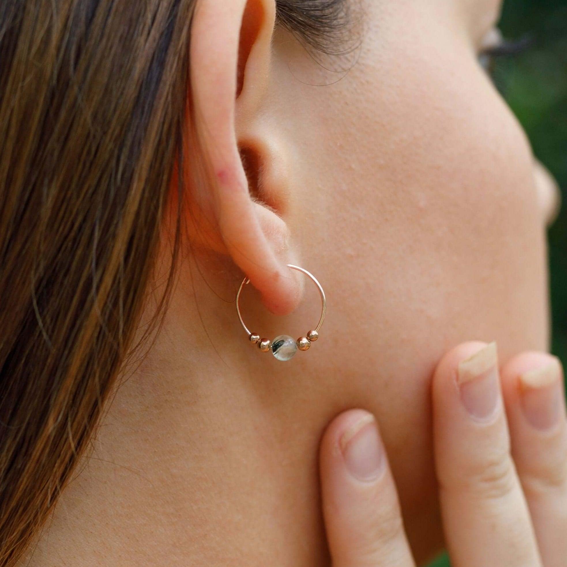 Tiny Prehnite Gemstone Bead Hoop Earrings - Tiny Prehnite Gemstone Bead Hoop Earrings - 14k Gold Fill - Luna Tide Handmade Crystal Jewellery