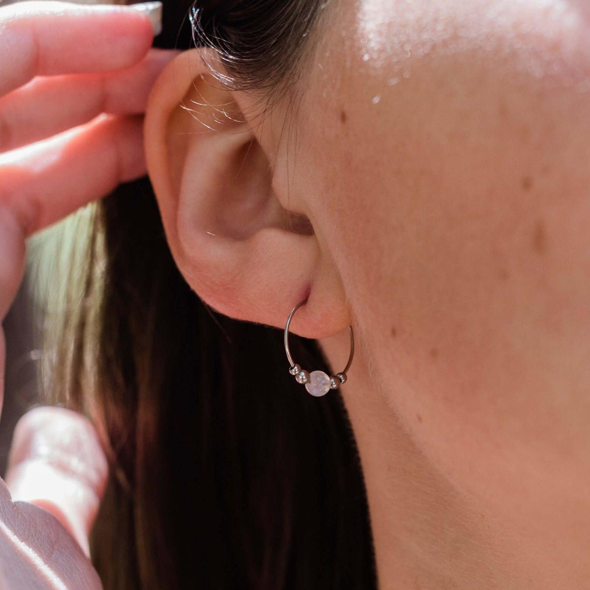 Tiny Rainbow Moonstone Bead Hoop Earrings - Tiny Rainbow Moonstone Bead Hoop Earrings - 14k Gold Fill - Luna Tide Handmade Crystal Jewellery