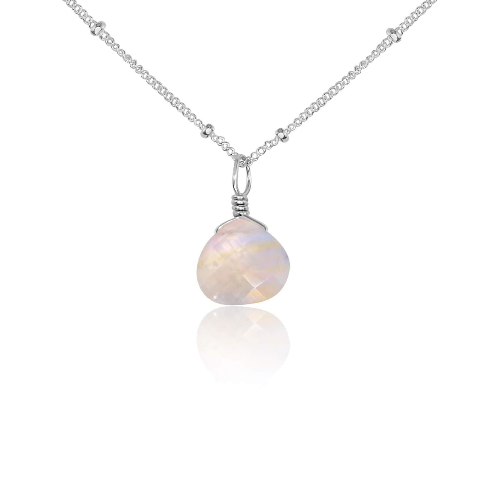 Tiny Rainbow Moonstone Teardrop Crystal Necklace - Tiny Rainbow Moonstone Teardrop Crystal Necklace - Sterling Silver / Satellite - Luna Tide Handmade Crystal Jewellery