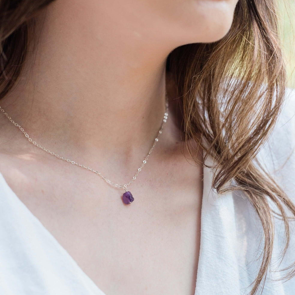 Tiny Raw Amethyst Pendant Necklace - Tiny Raw Amethyst Pendant Necklace - Sterling Silver / Cable - Luna Tide Handmade Crystal Jewellery