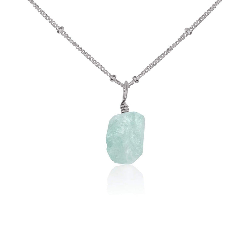 Raw Crystal Pendant Necklace - Aquamarine - Stainless Steel Satellite - Luna Tide Handmade Jewellery