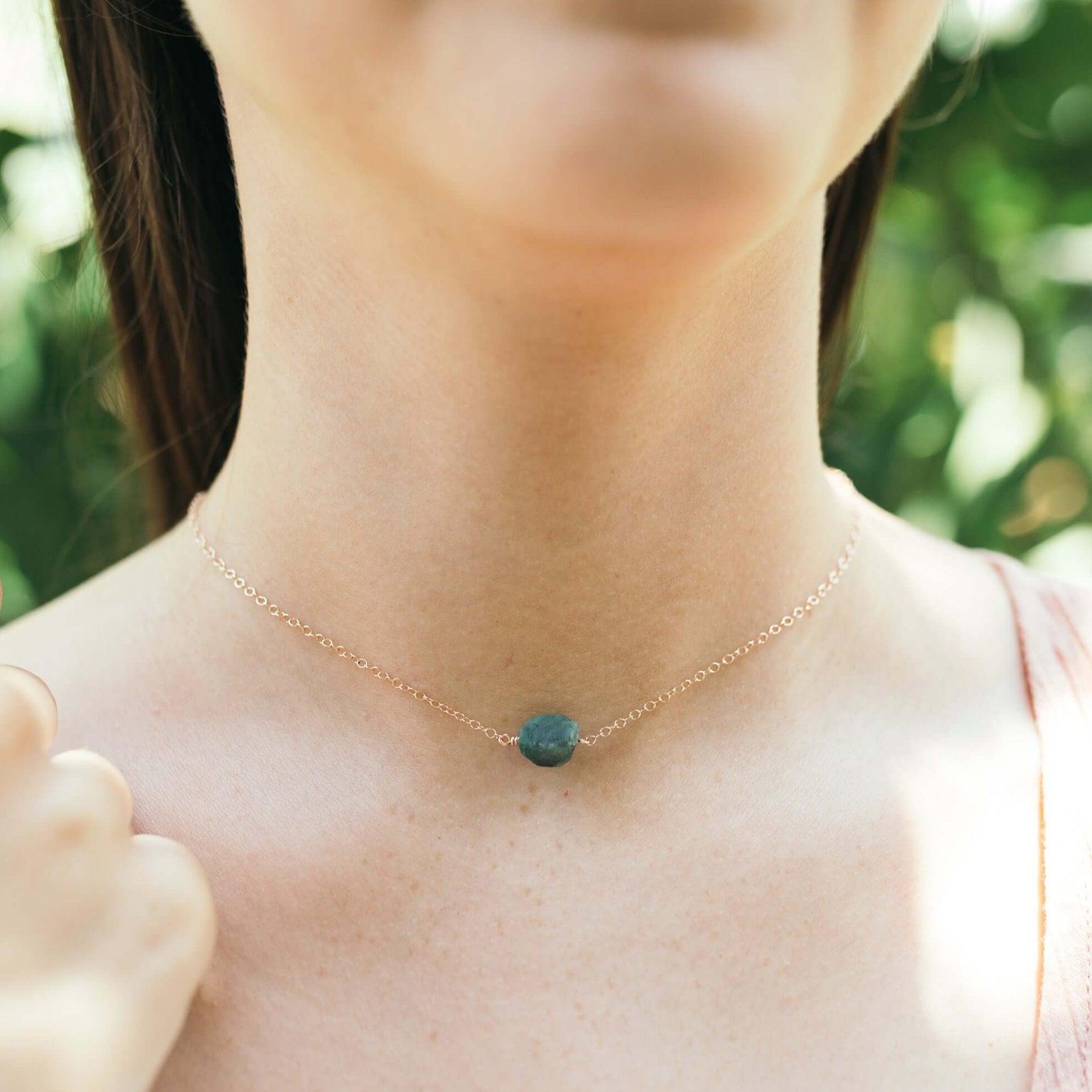 Tiny Raw Emerald Crystal Nugget Choker - Tiny Raw Emerald Crystal Nugget Choker - Sterling Silver - Luna Tide Handmade Crystal Jewellery