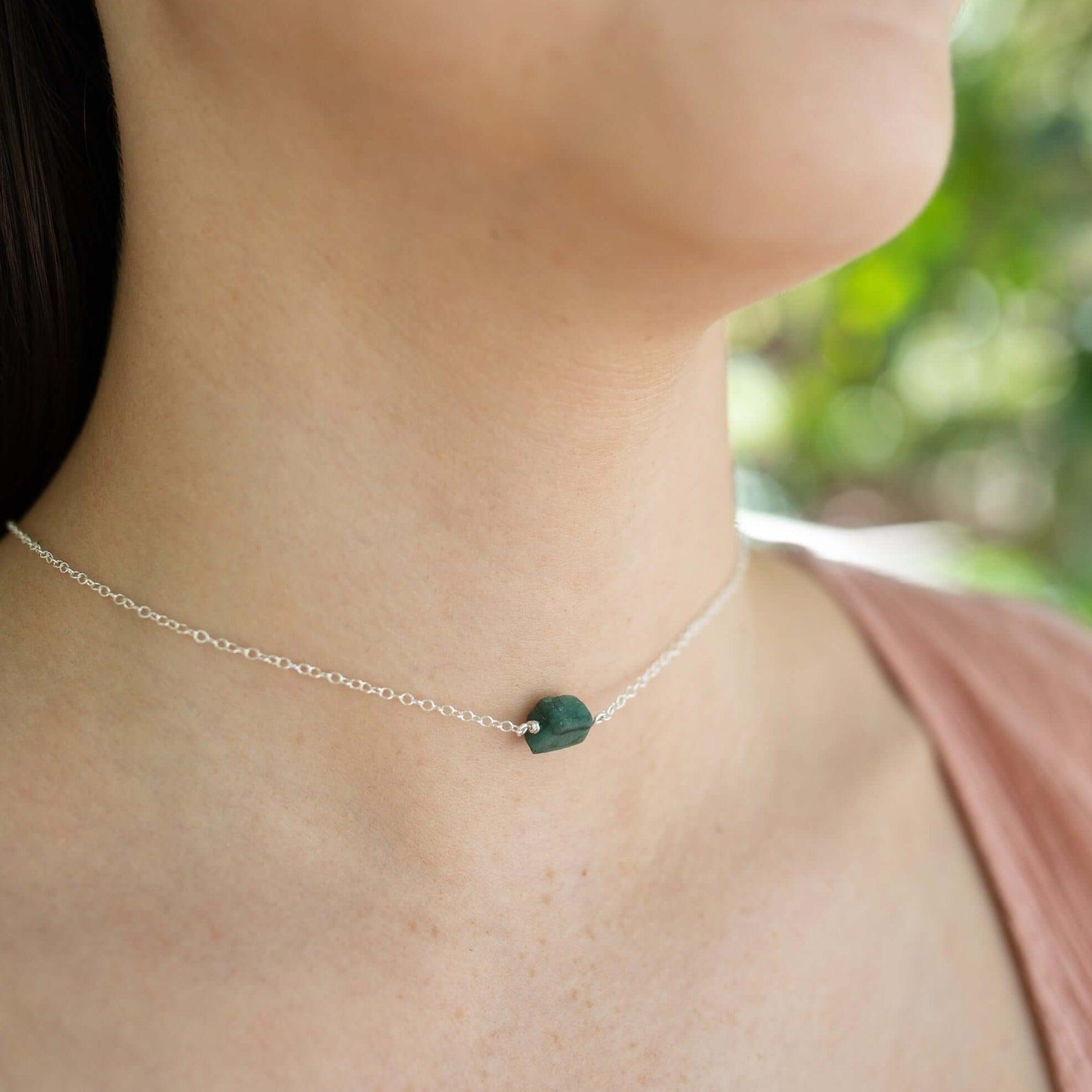 Tiny Raw Emerald Crystal Nugget Choker - Tiny Raw Emerald Crystal Nugget Choker - Sterling Silver - Luna Tide Handmade Crystal Jewellery
