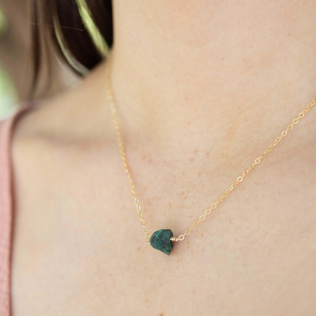 Tiny Raw Emerald Crystal Nugget Necklace - Tiny Raw Emerald Crystal Nugget Necklace - 14k Gold Fill - Luna Tide Handmade Crystal Jewellery