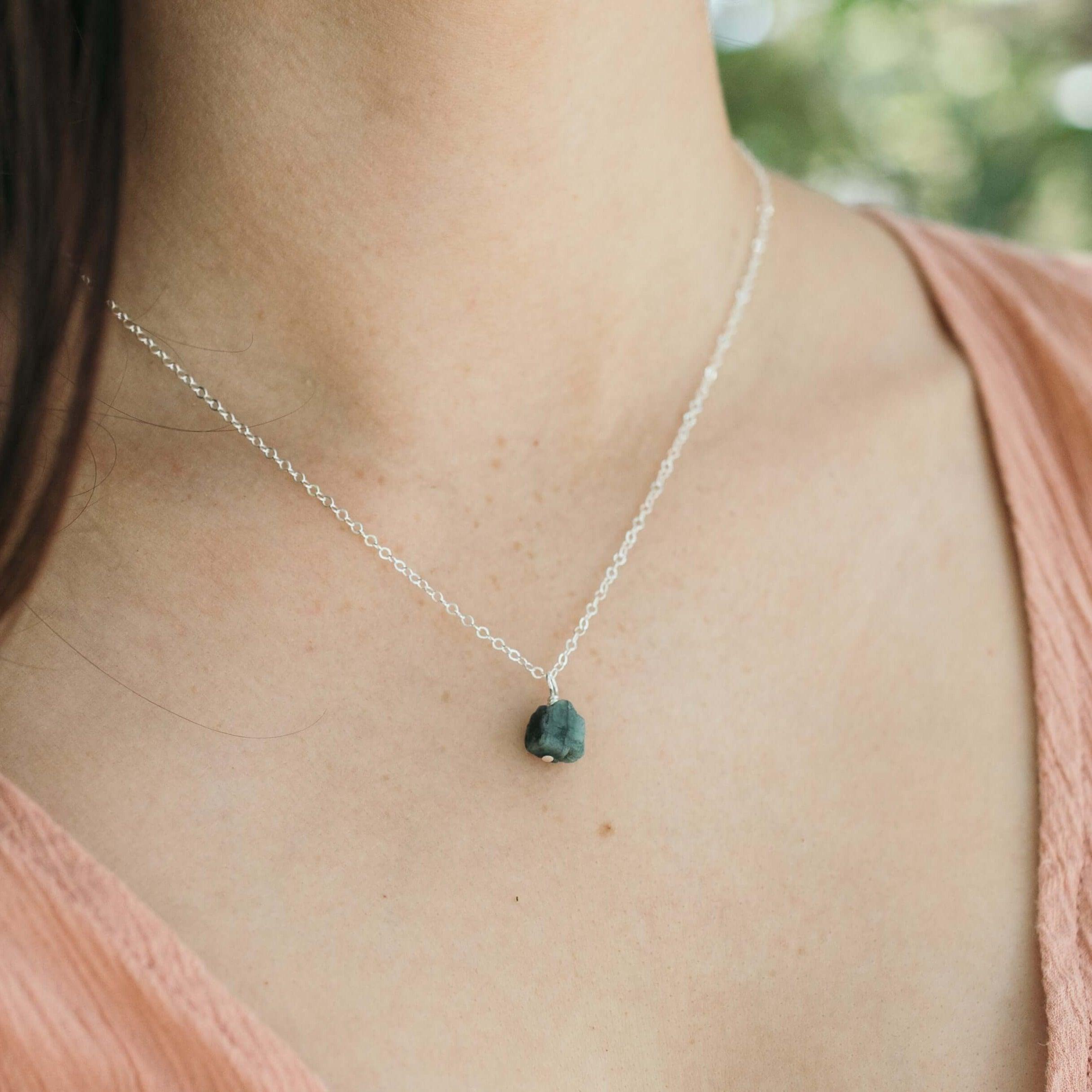 Tiny Raw Emerald Pendant Necklace - Tiny Raw Emerald Pendant Necklace - 14k Gold Fill / Cable - Luna Tide Handmade Crystal Jewellery