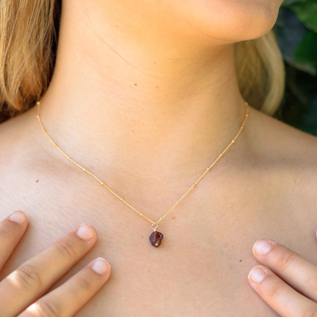 Tiny Raw Garnet Pendant Necklace - Tiny Raw Garnet Pendant Necklace - 14k Gold Fill / Cable - Luna Tide Handmade Crystal Jewellery