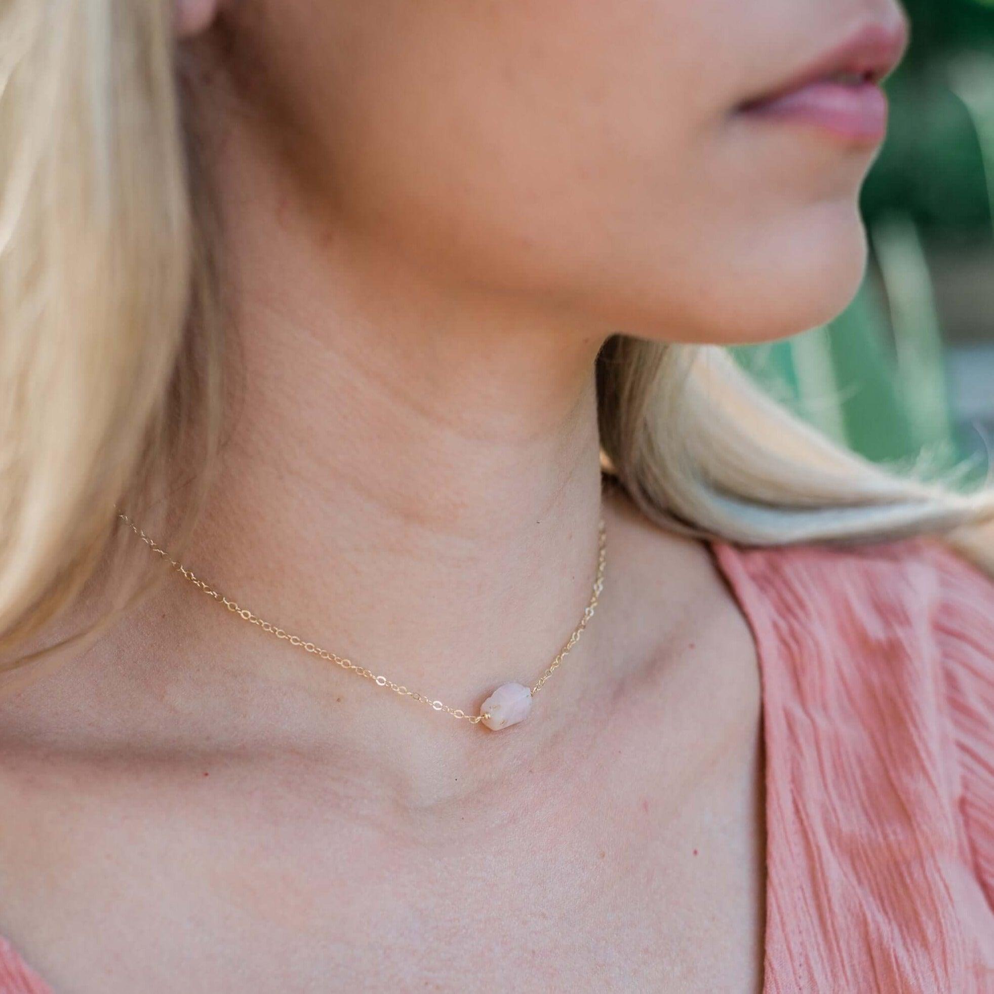 Tiny Raw Pink Peruvian Opal Crystal Nugget Choker - Tiny Raw Pink Peruvian Opal Crystal Nugget Choker - 14k Gold Fill - Luna Tide Handmade Crystal Jewellery