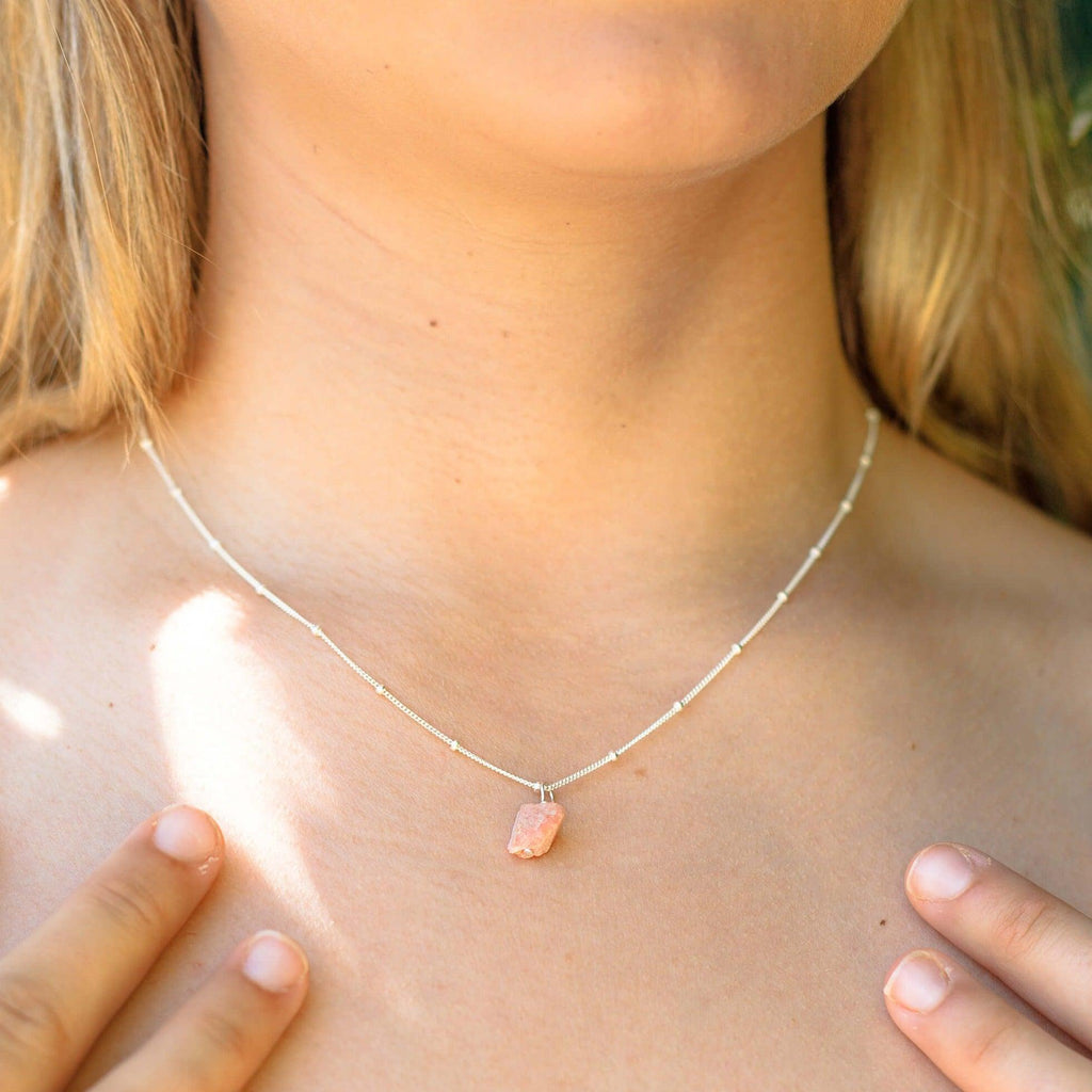 Tiny Raw Pink Peruvian Opal Pendant Necklace - Tiny Raw Pink Peruvian Opal Pendant Necklace - Sterling Silver / Cable - Luna Tide Handmade Crystal Jewellery